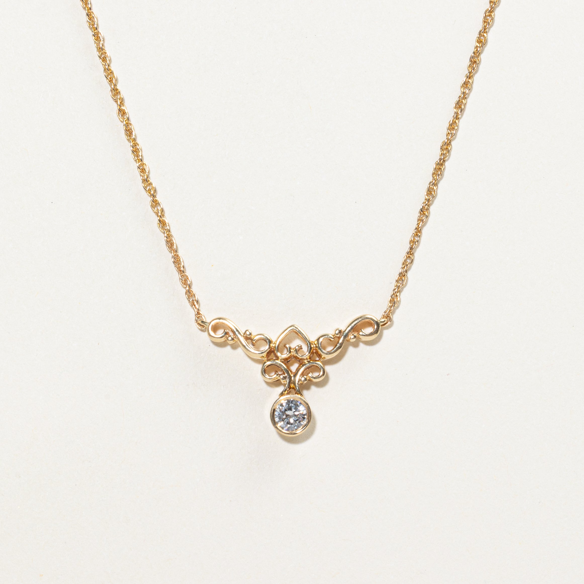Yellow Gold Bezel Set Diamond Scrollwork Pendant Necklace | 0.26ct | 17"