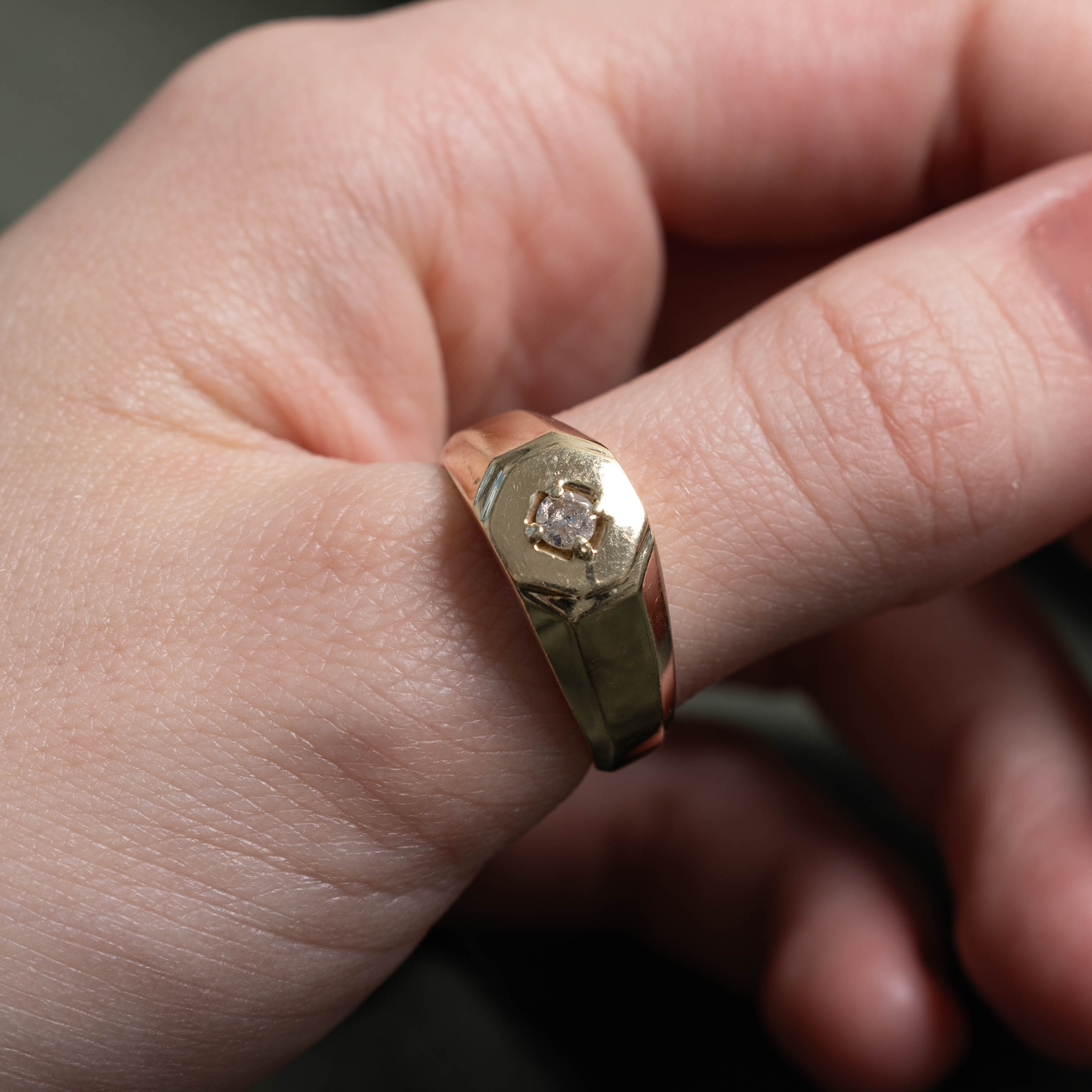 14k Solitaire Diamond Octagon Signet Ring | SZ 9.25