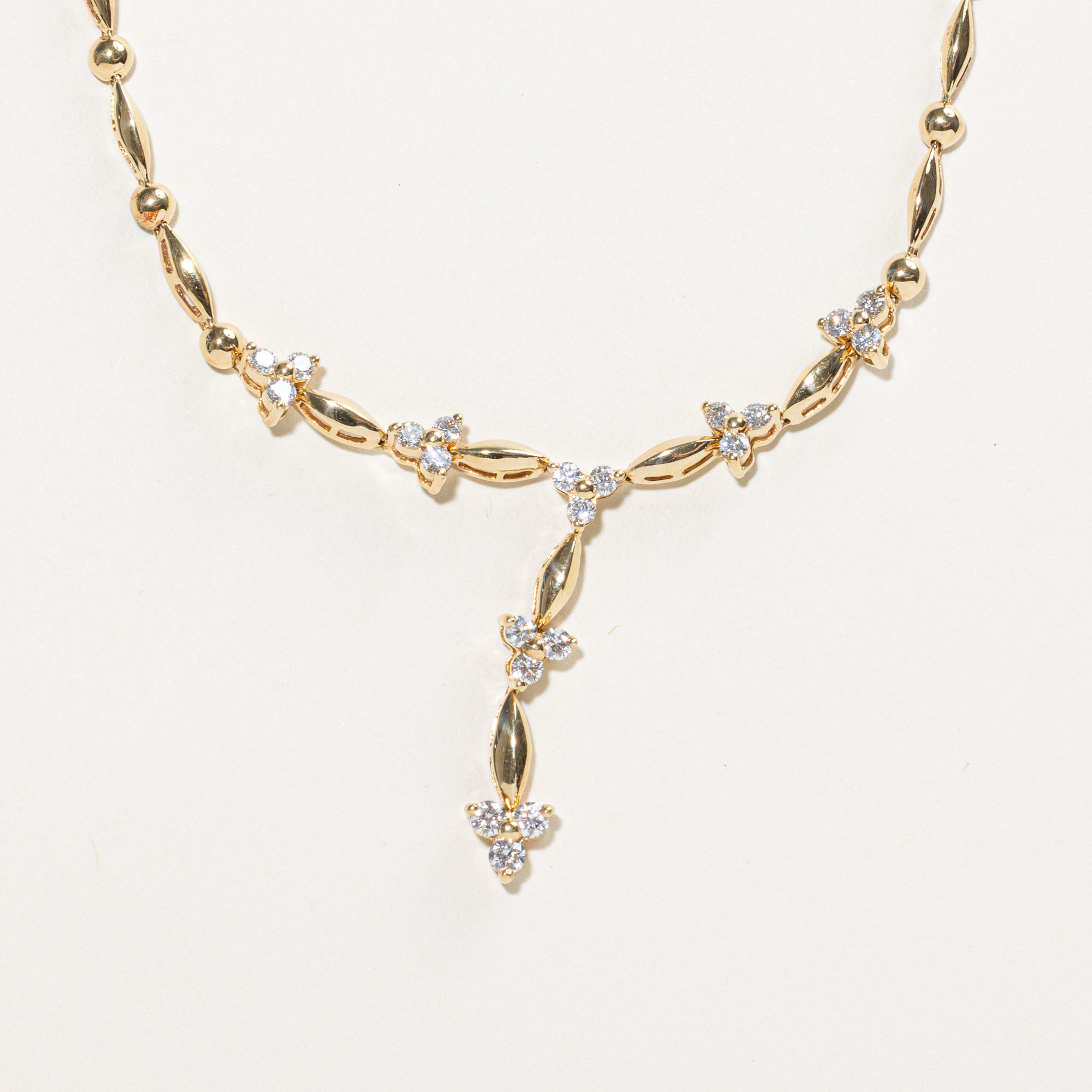 Yellow Gold Diamond Clusters Drop Necklace | 0.90ct | 16"