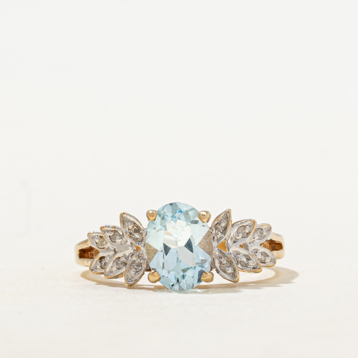 Blue Topaz & Diamond Leaf Accented Ring | 1.35ct, 0.02ctw | SZ 6