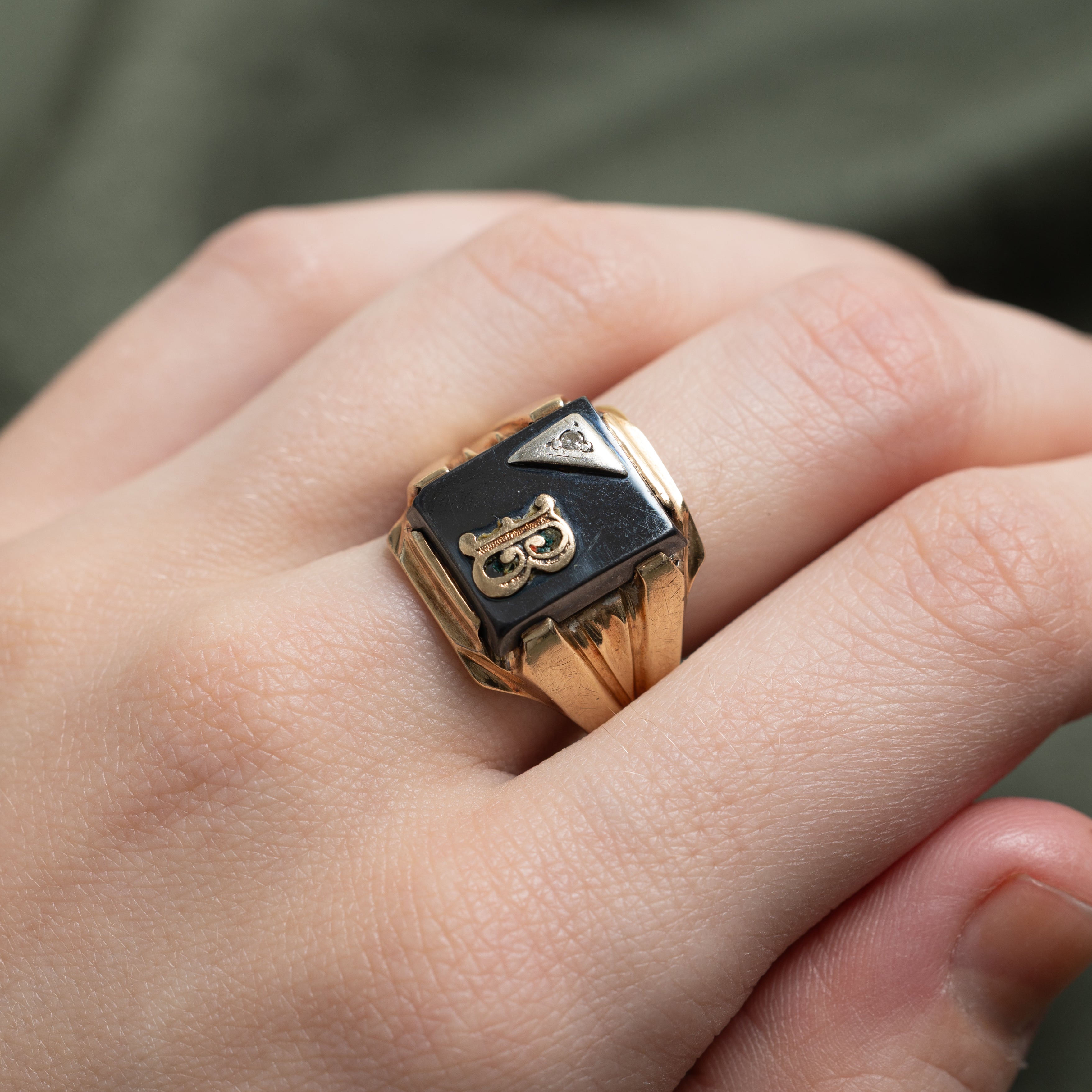 Hematite & Diamond "B" Initial Signet Ring | 0.003ct | SZ 8.5