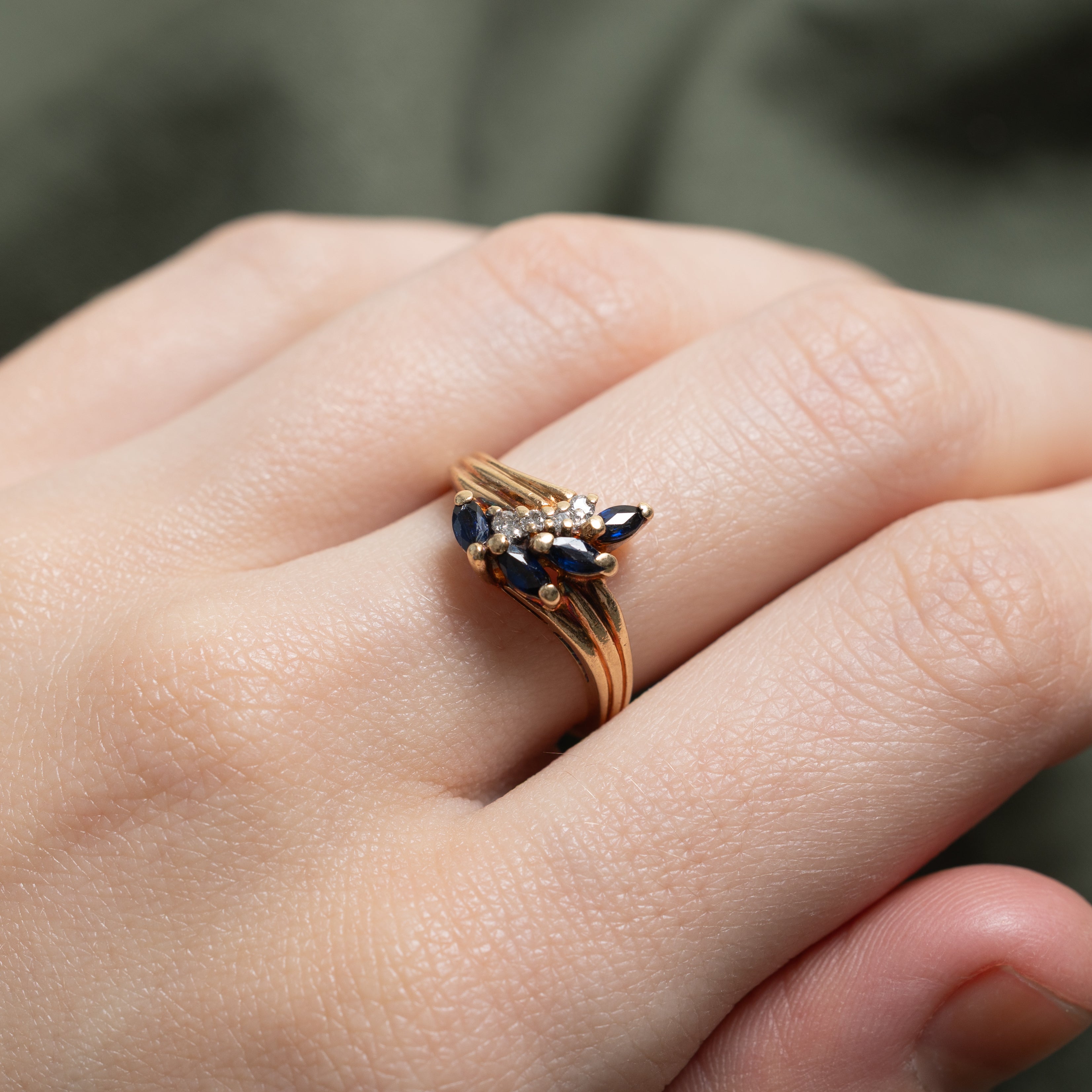 Marquise Cut Sapphire & Diamond Grooved Bypass Ring | 0.05ctw | SZ 6