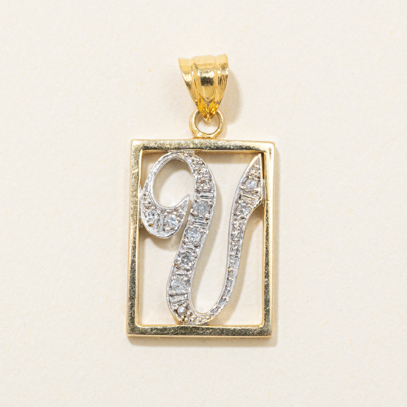 12k Two Tone Gold Diamond Framed "U" Initial Pendant