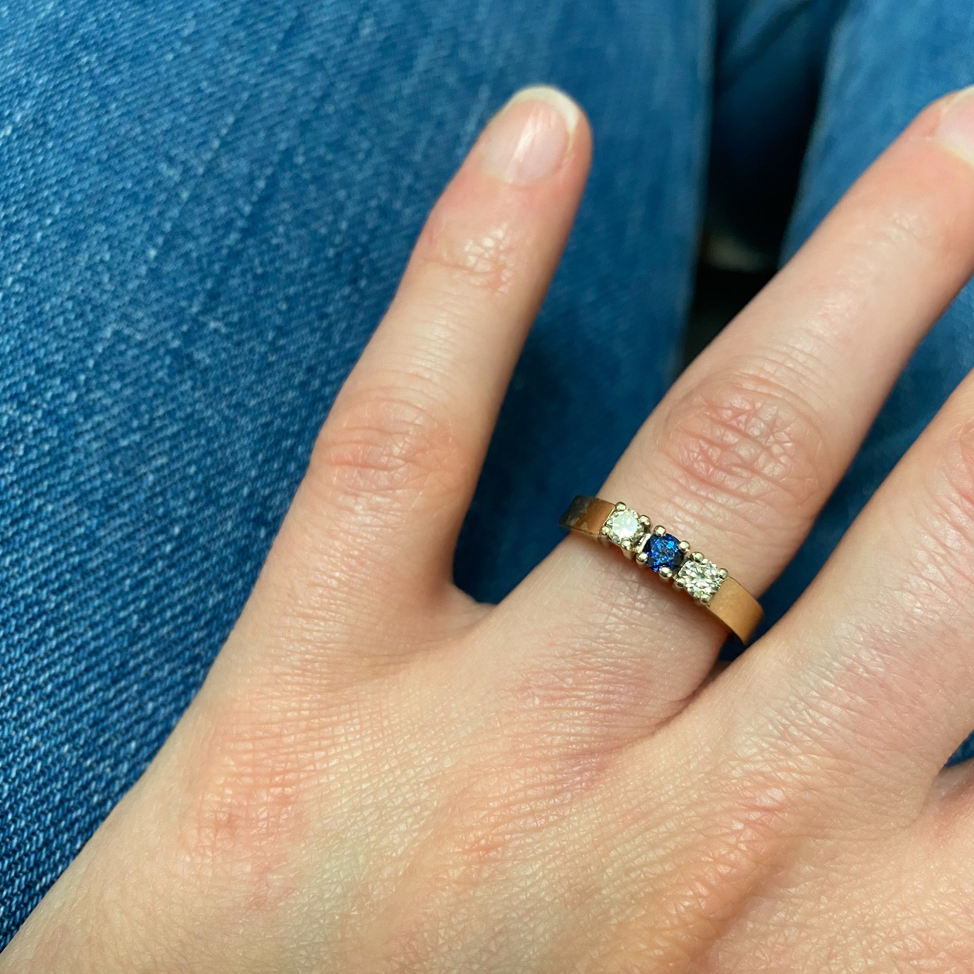 Three Stone Diamond & Sapphire Ring | 0.18ctw, 0.15ct | SZ 6.75 |