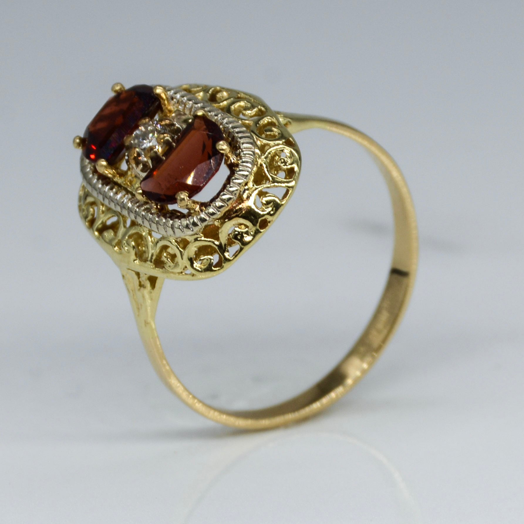 Art Deco Half Moon Cut Diamond & Garnet Ring | 0.10ct, 0.88ctw | SZ 8.75 |