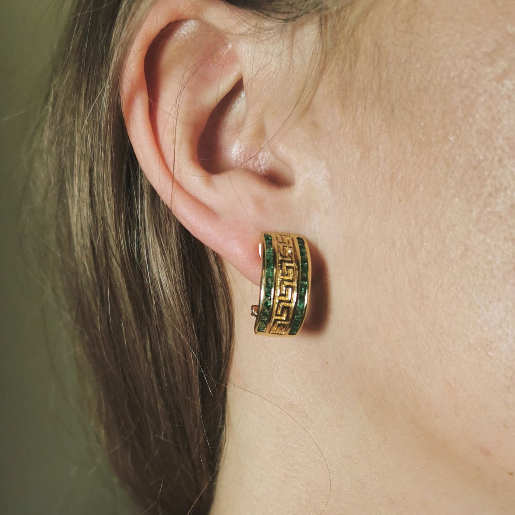 Geometric Patterned Half Hoop Emerald Earrings | 1.25ctw |