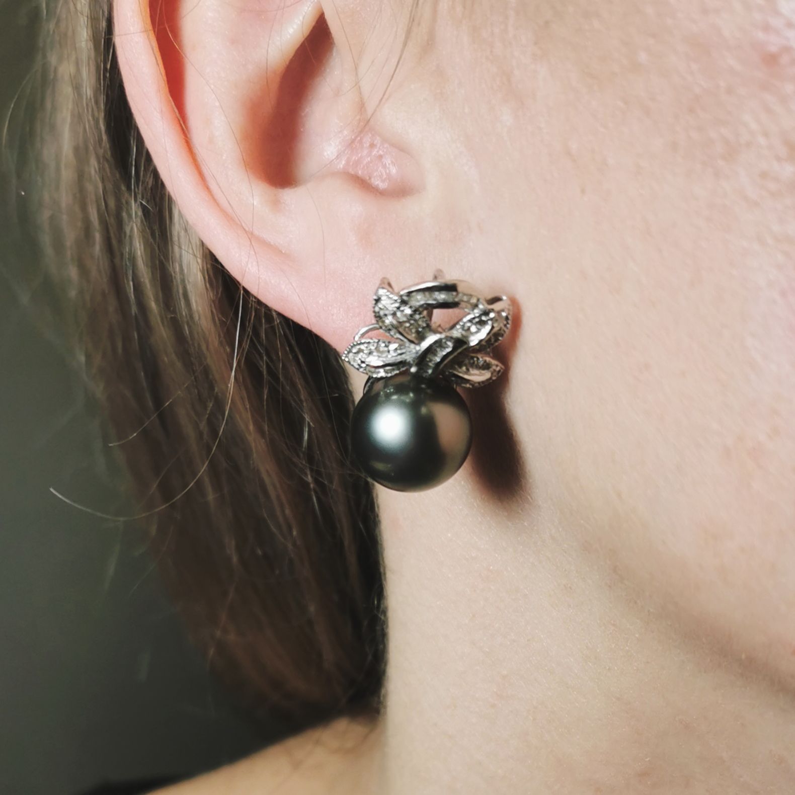 Black Pearl & Diamond Bow Stud Earrings | 0.50ctw |