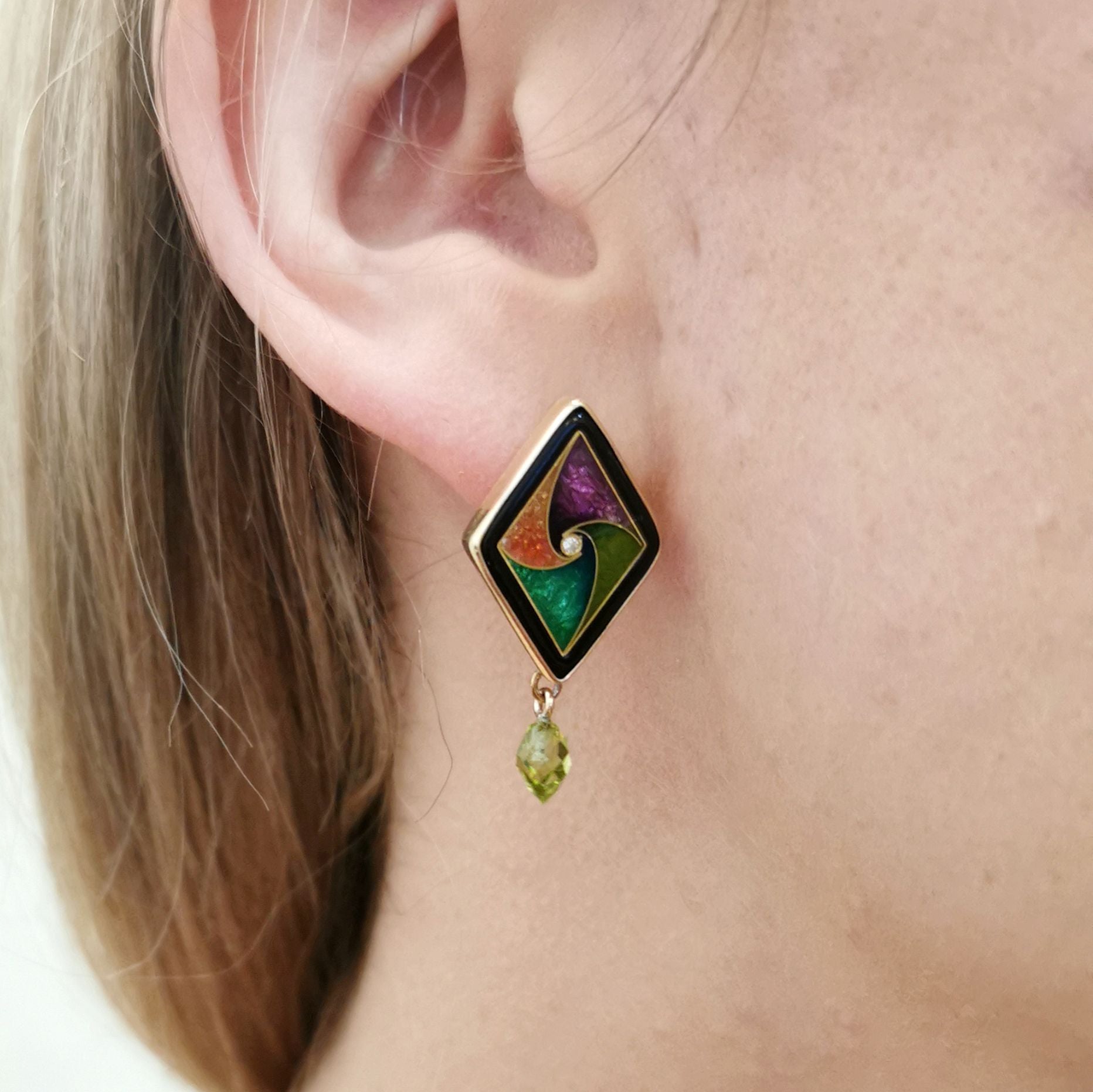 Magick Fusager' Enameled Drop Stud Peridot Earrings | 0.01ctw, 3.00ctw |