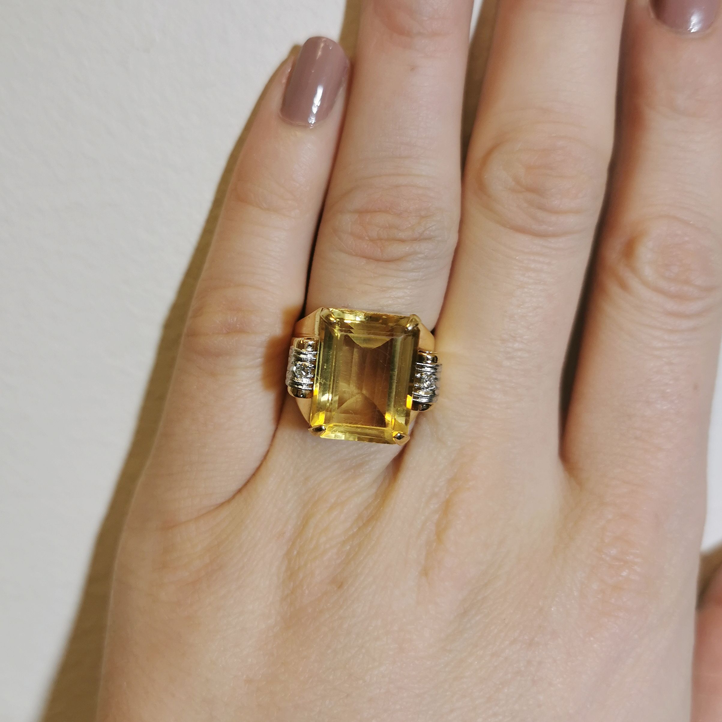 1950s Citrine & Diamond Cocktail Ring | 0.05ctw, 10.00ct | SZ 6.75 |