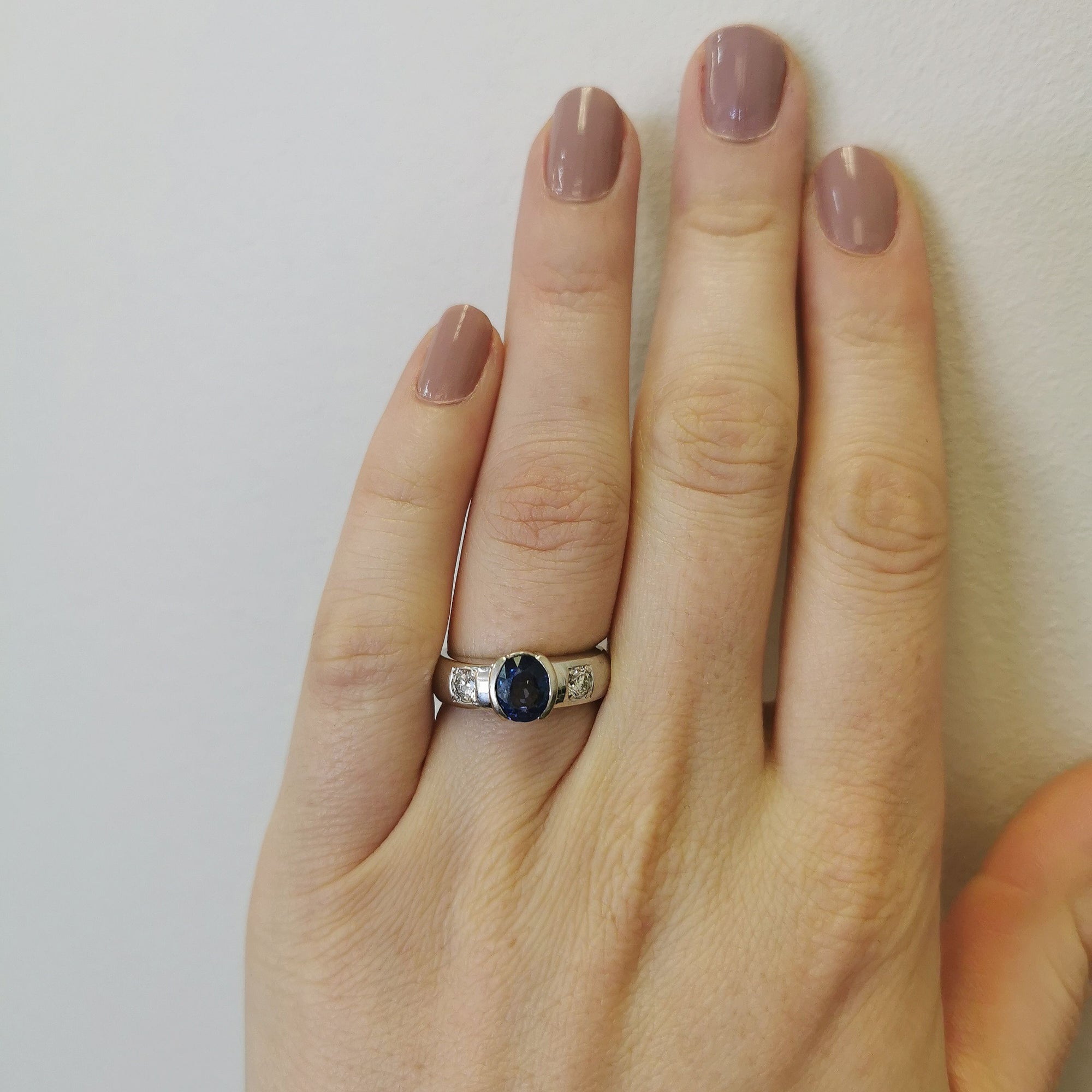 Half Bezel Blue Sapphire & Diamond Three Stone Ring | 1.50ct, 0.30ctw | SZ 6.25 |