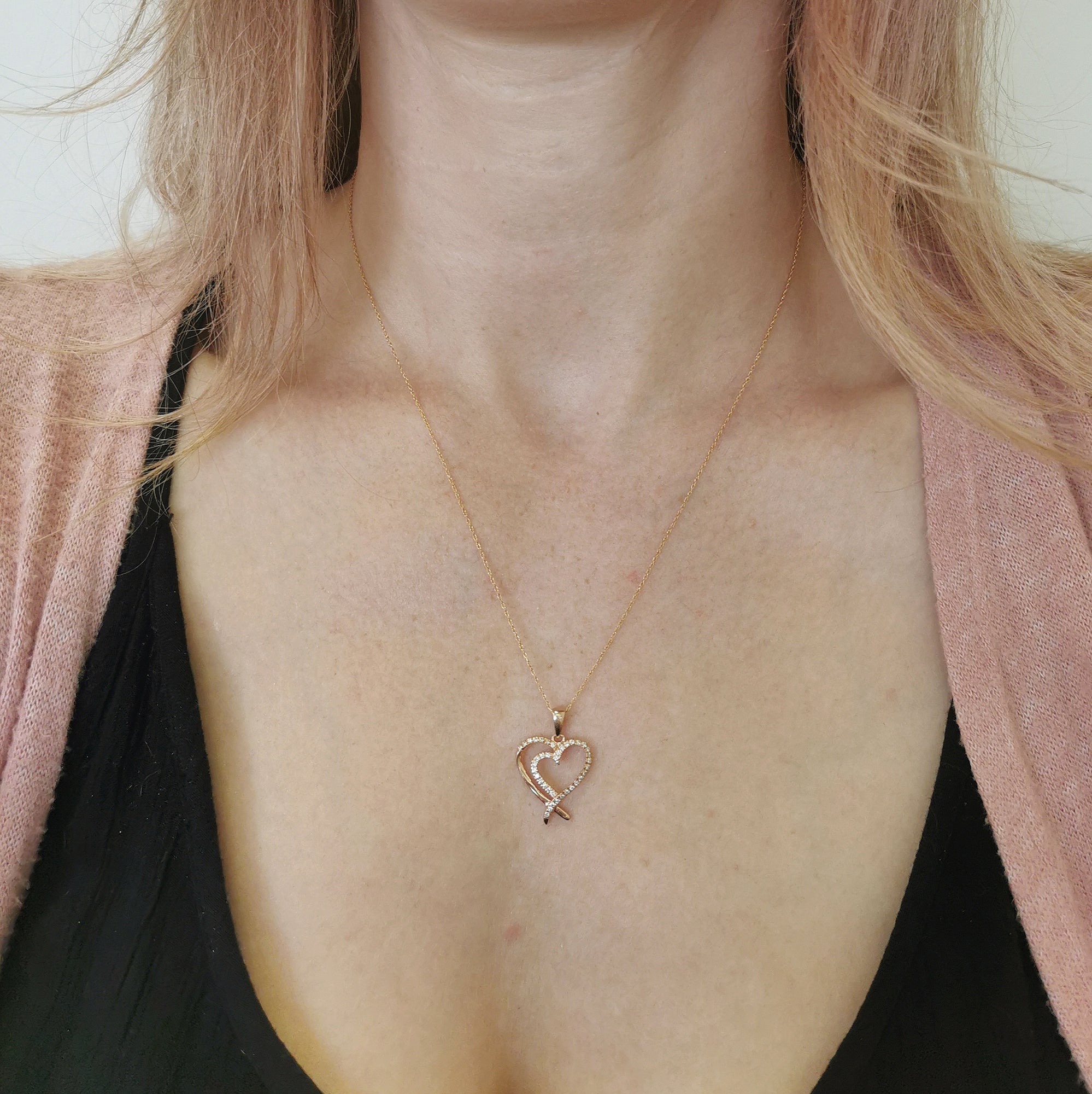 Pave Diamond Double Heart Necklace | 0.20ctw | 18