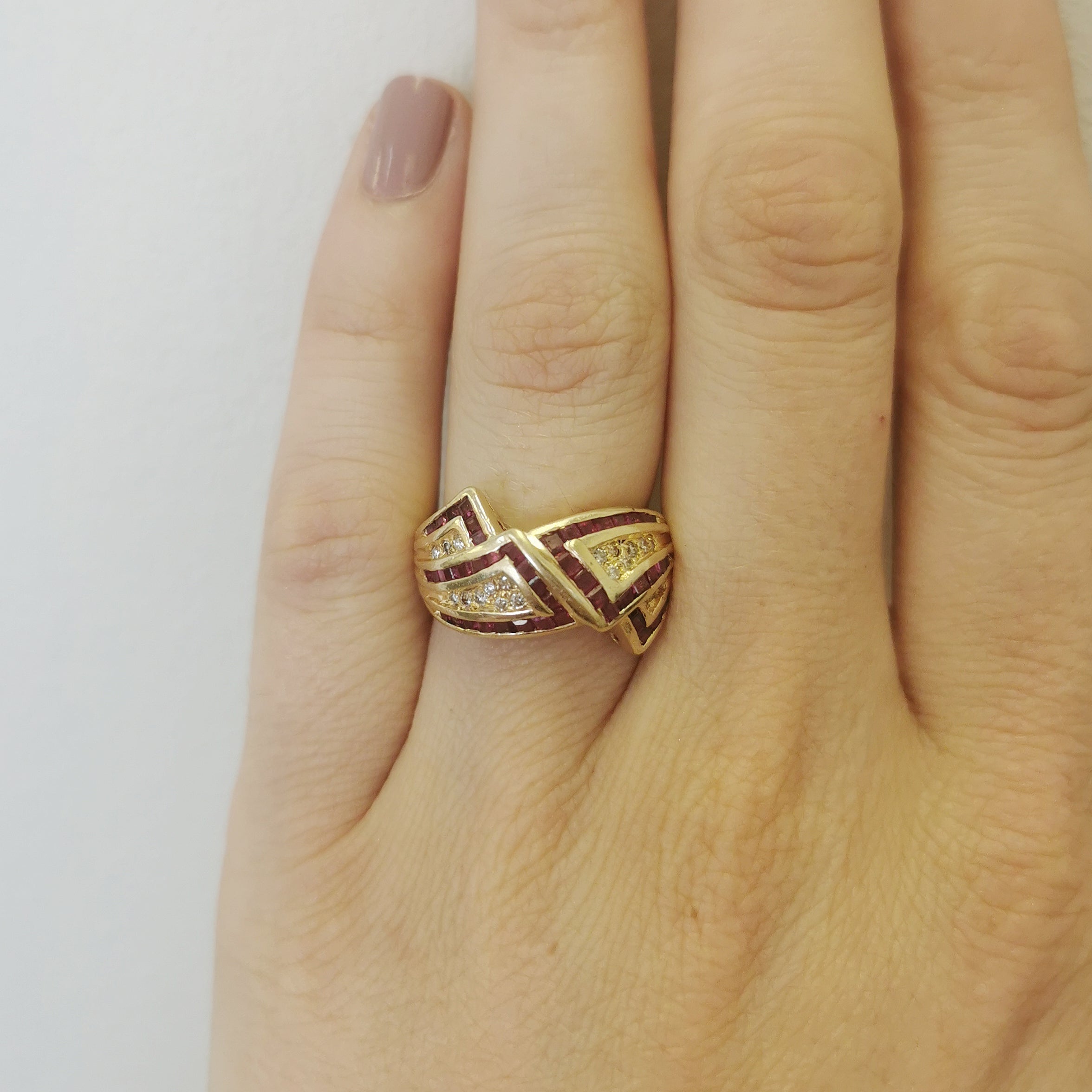 Geometric Ruby & Diamond Bypass Ring | 1.10ctw, 0.10ctw | SZ 6.25 |