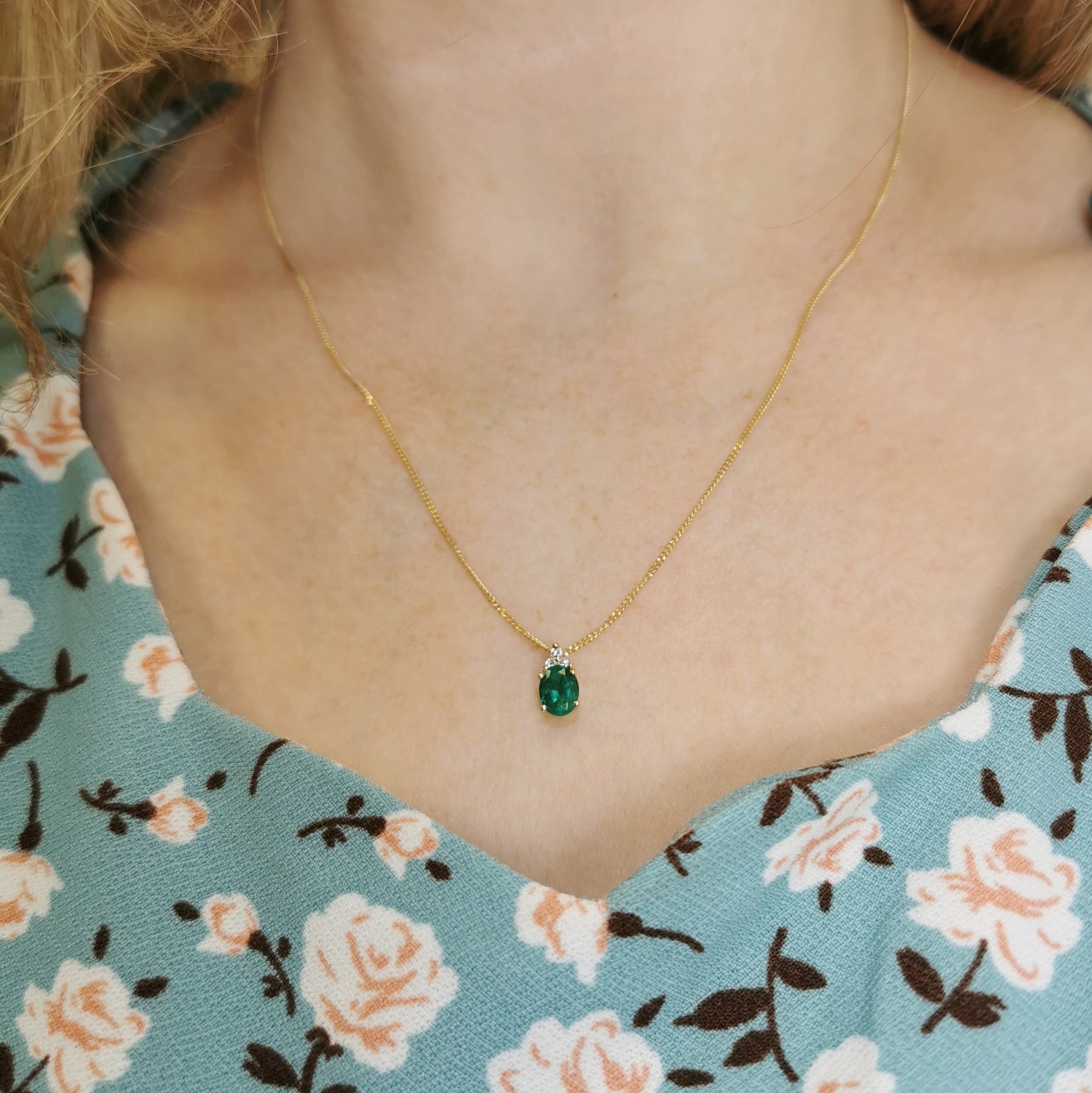 Oval Emerald & Diamond Necklace | 0.65ct, 0.06ctw | 18