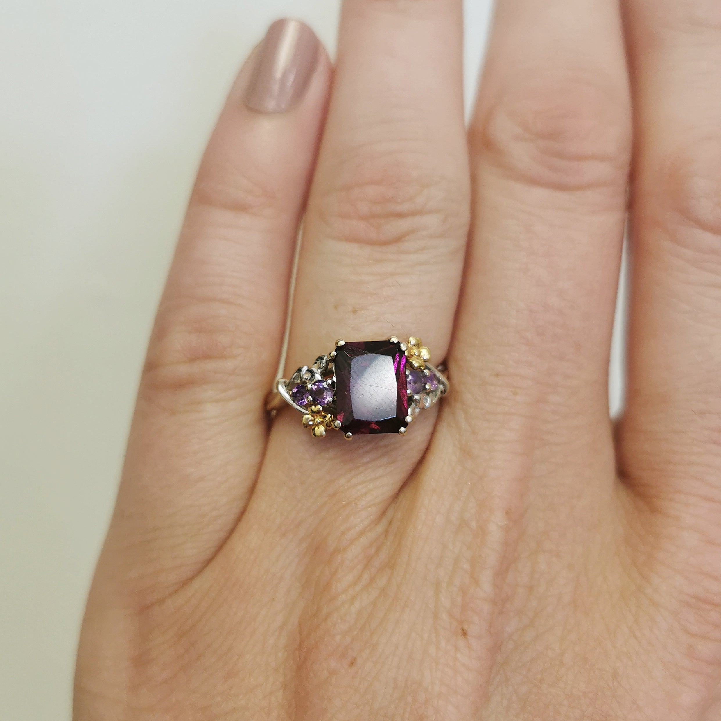 Radiant Garnet & Amethyst Cocktail Ring | 3.00ct, 0.16ctw | SZ 8 |