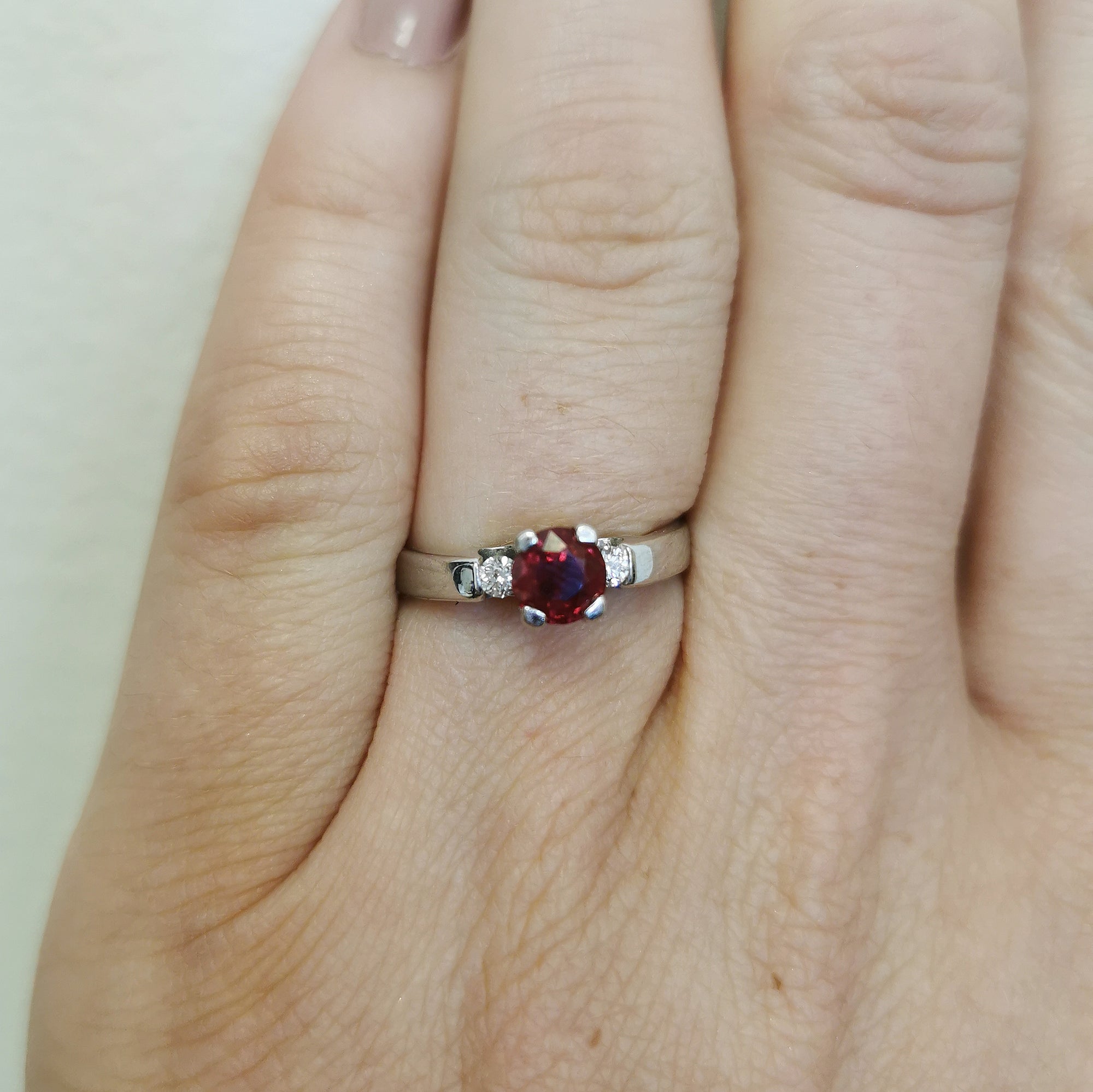 Three Stone Ruby & Diamond Ring | 0.75ct, 0.08ctw | SZ 6.5 |