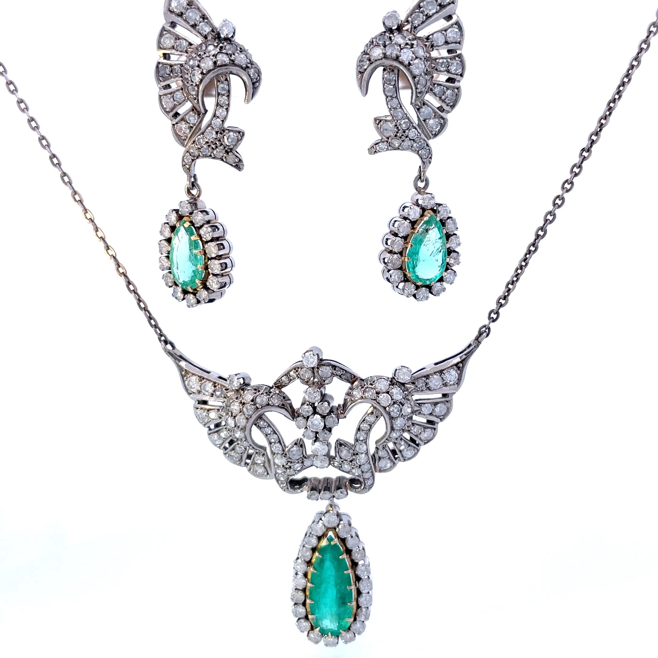 Wing Motif Hand Fabricated Colombian Emerald Jewelry Set | 6.36ctw Emeralds, 7.63ctw Diamonds| 19" |