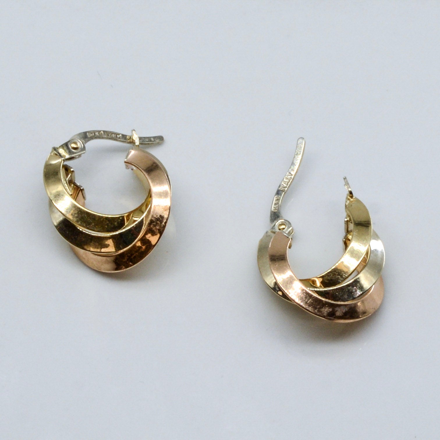 14k Tri Tone Layered Twisted Hoops |