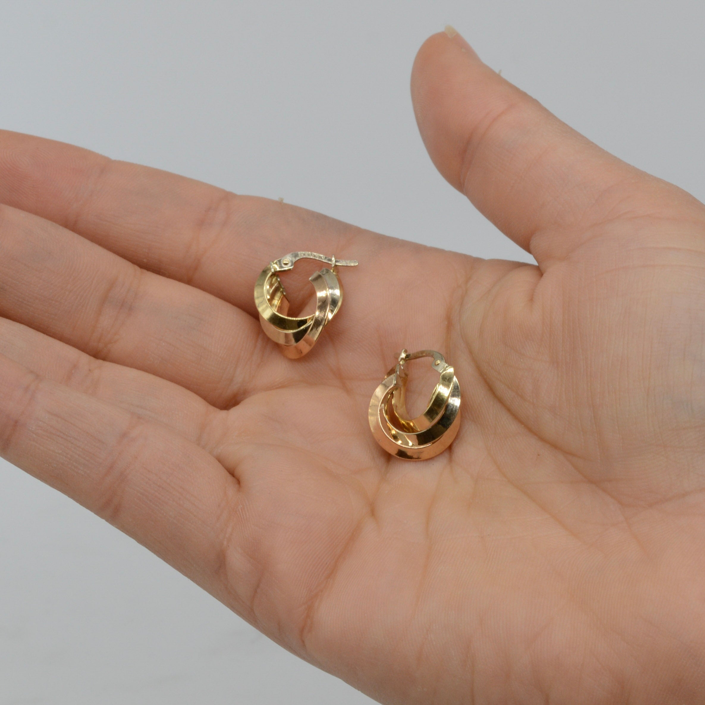 14k Tri Tone Layered Twisted Hoops |