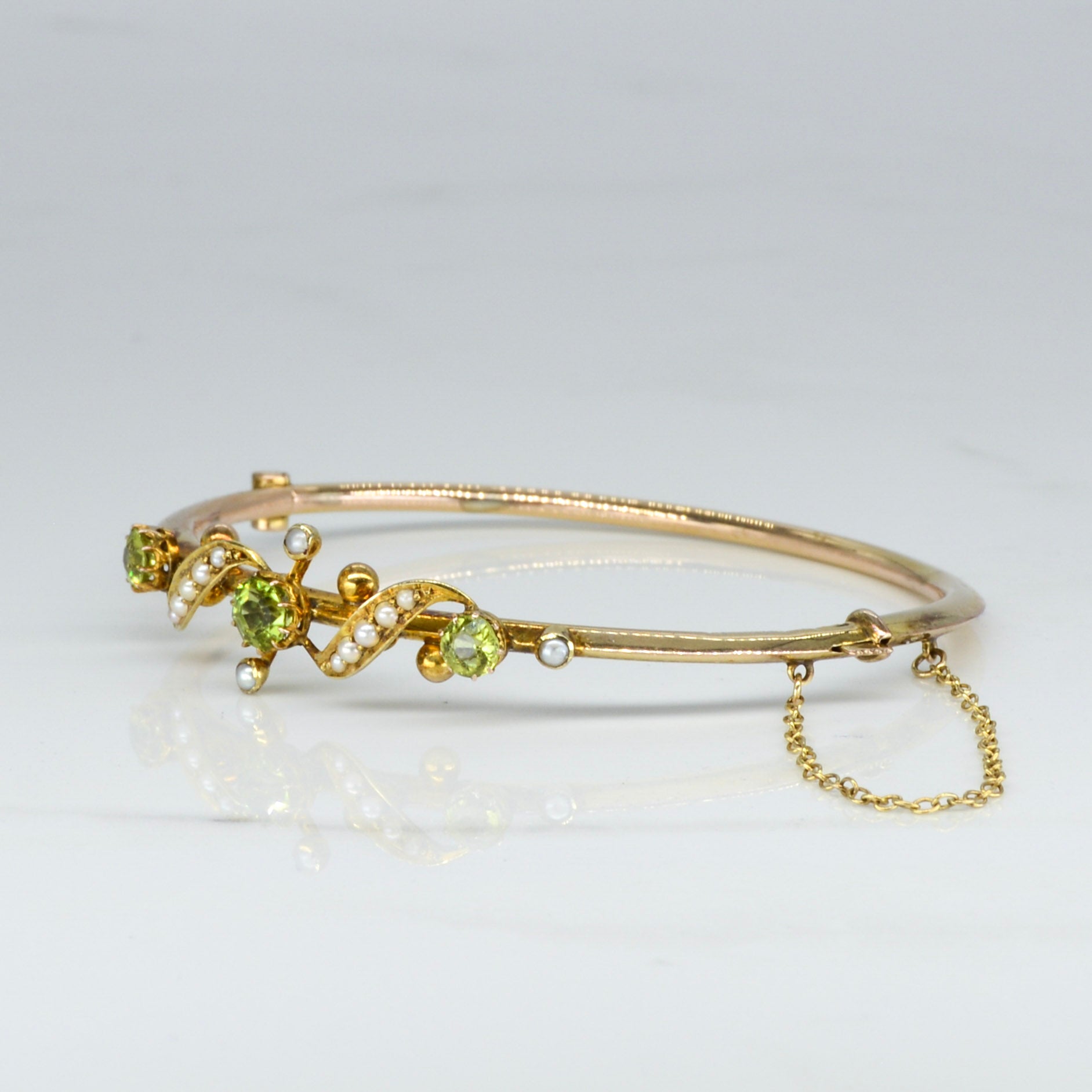 Edwardian Peridot & Pearl Bangle | 1.65ctw | 6.5" |