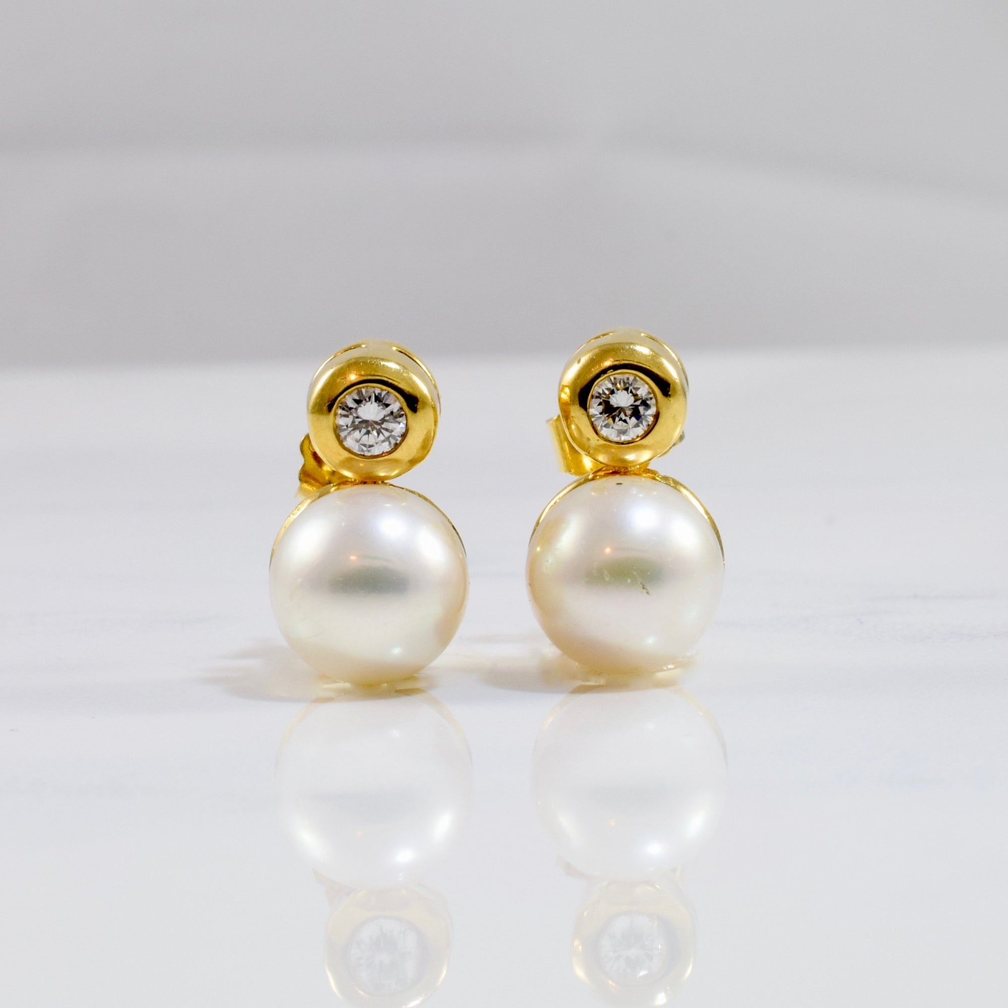Bezel Set Diamond and Pearl Earrings | 0.20 ctw |