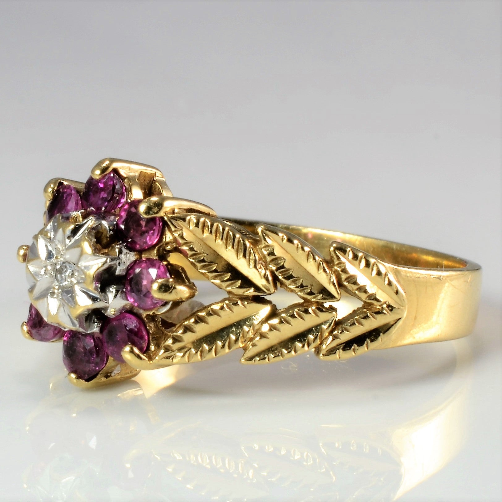 Floral Inspired Ruby & Diamond Vintage Ring | 0.01 ct, SZ 5.75 |