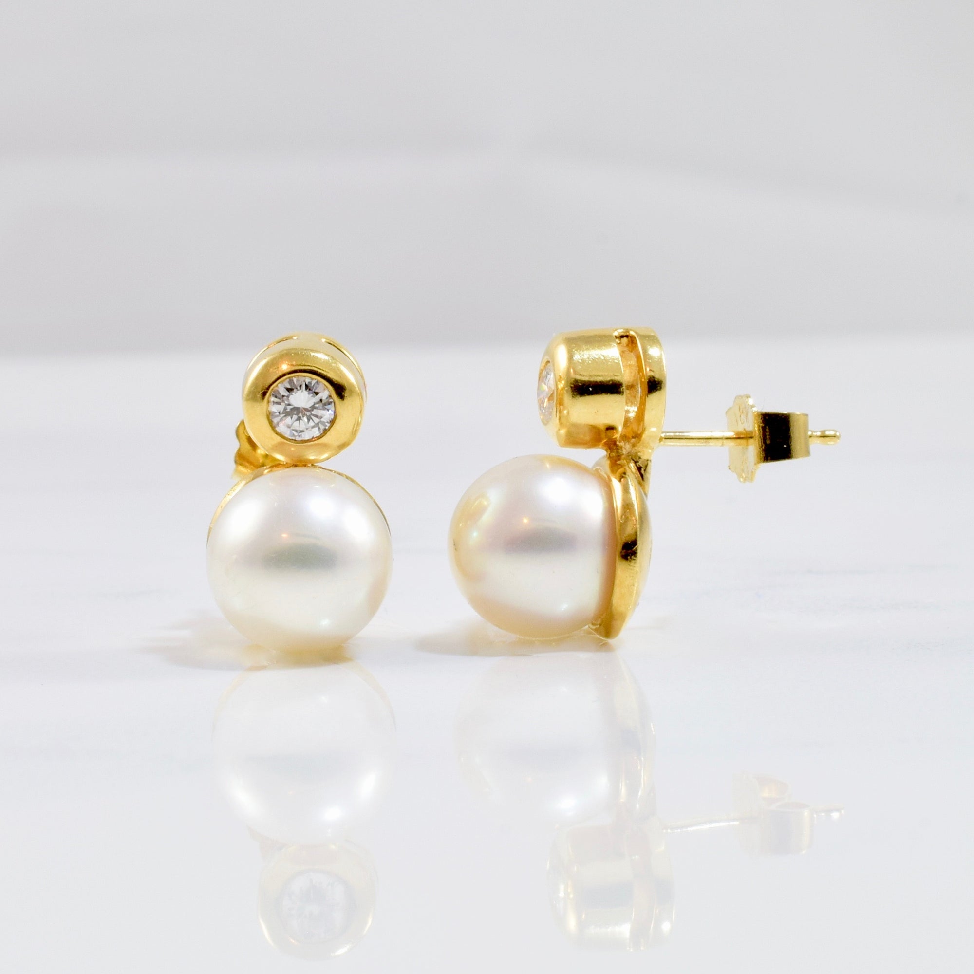 Bezel Set Diamond and Pearl Earrings | 0.20 ctw |
