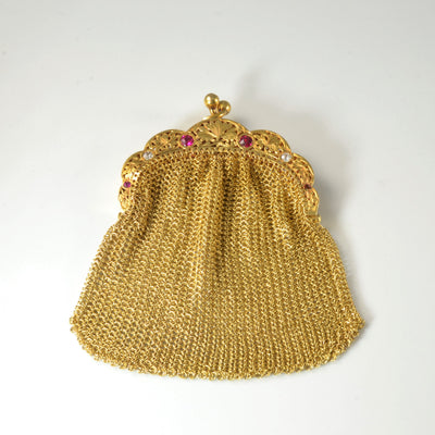 18k Victorian Era Woven Gold Purse | 0.15ctw, 0.42ctw |