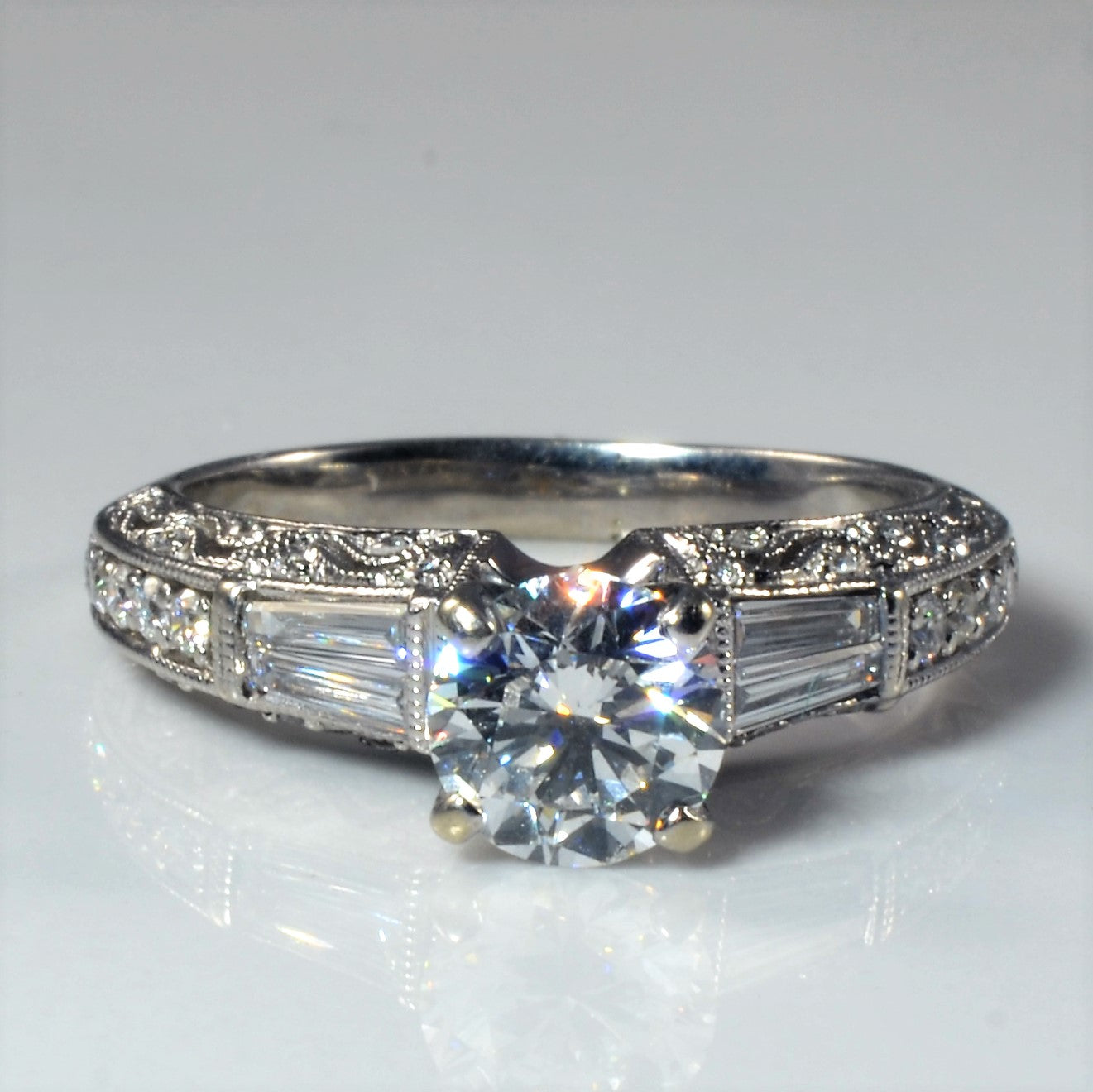 Ornate Milgrain Baguette Detailed Engagement Ring | 1.37ctw | SZ 6.25 |