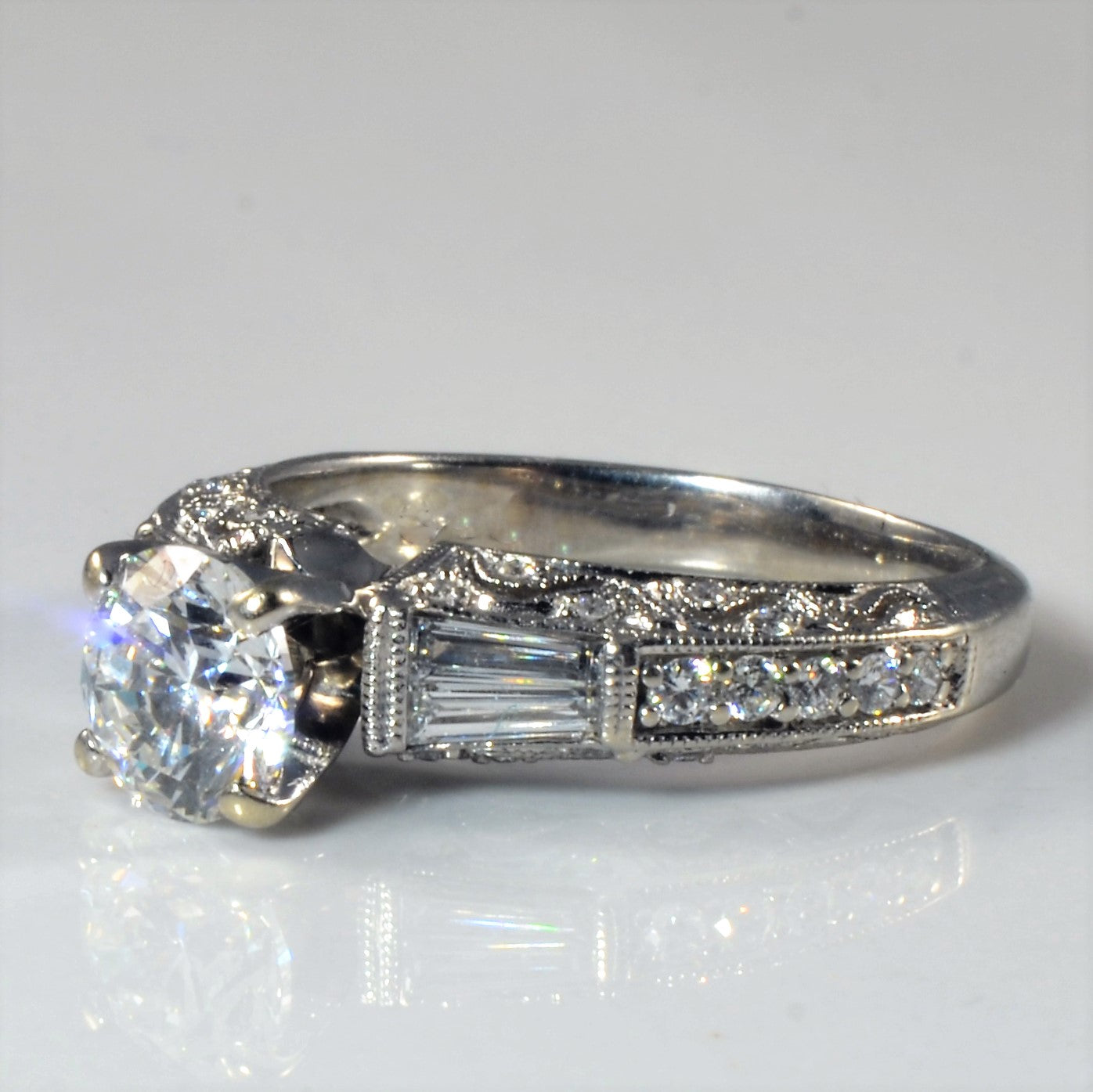 Ornate Milgrain Baguette Detailed Engagement Ring | 1.37ctw | SZ 6.25 |