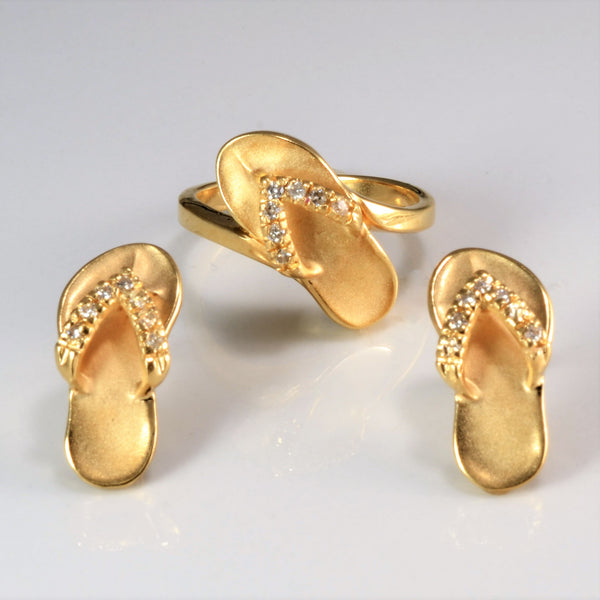 Yellow Gold Diamond Slipper Ring & Matching Earrings | 0.21 ctw, SZ 6.75 |