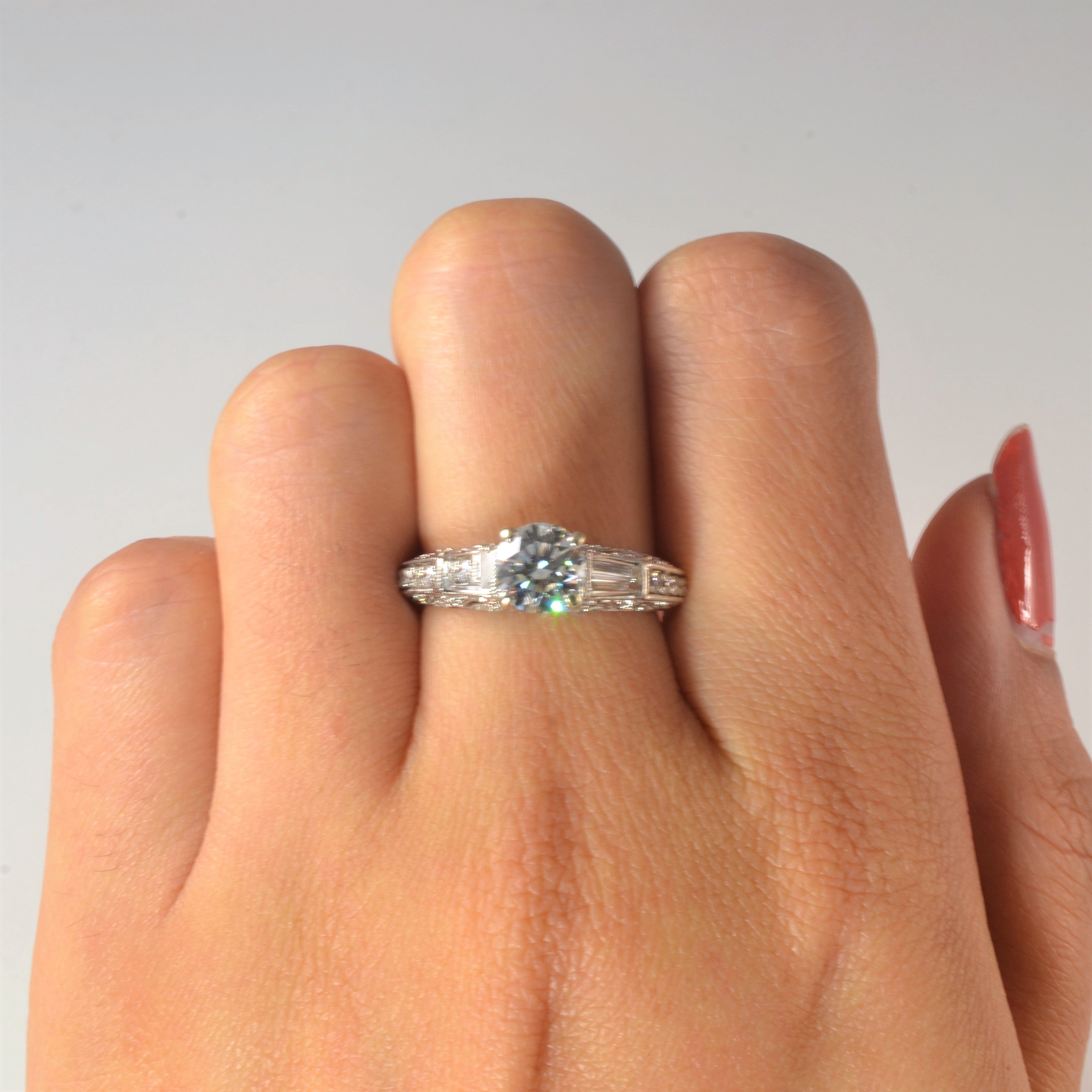 Ornate Milgrain Baguette Detailed Engagement Ring | 1.37ctw | SZ 6.25 |