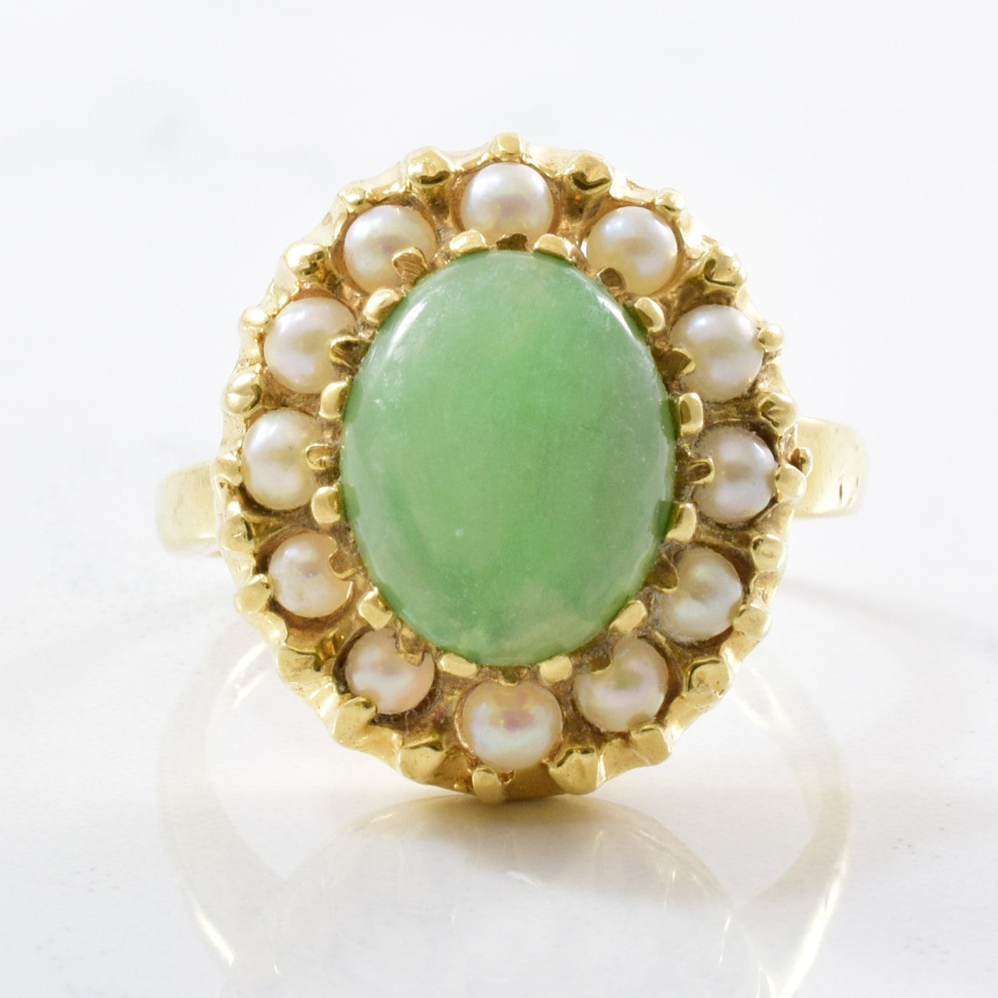 Jade & Pearl Cocktail Ring Circa 1950s | SZ 5.5