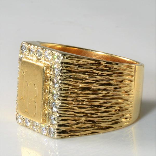 Diamond Brushed Texture Heavy Gold Signet Ring | 0.80ctw | SZ 12.75 |