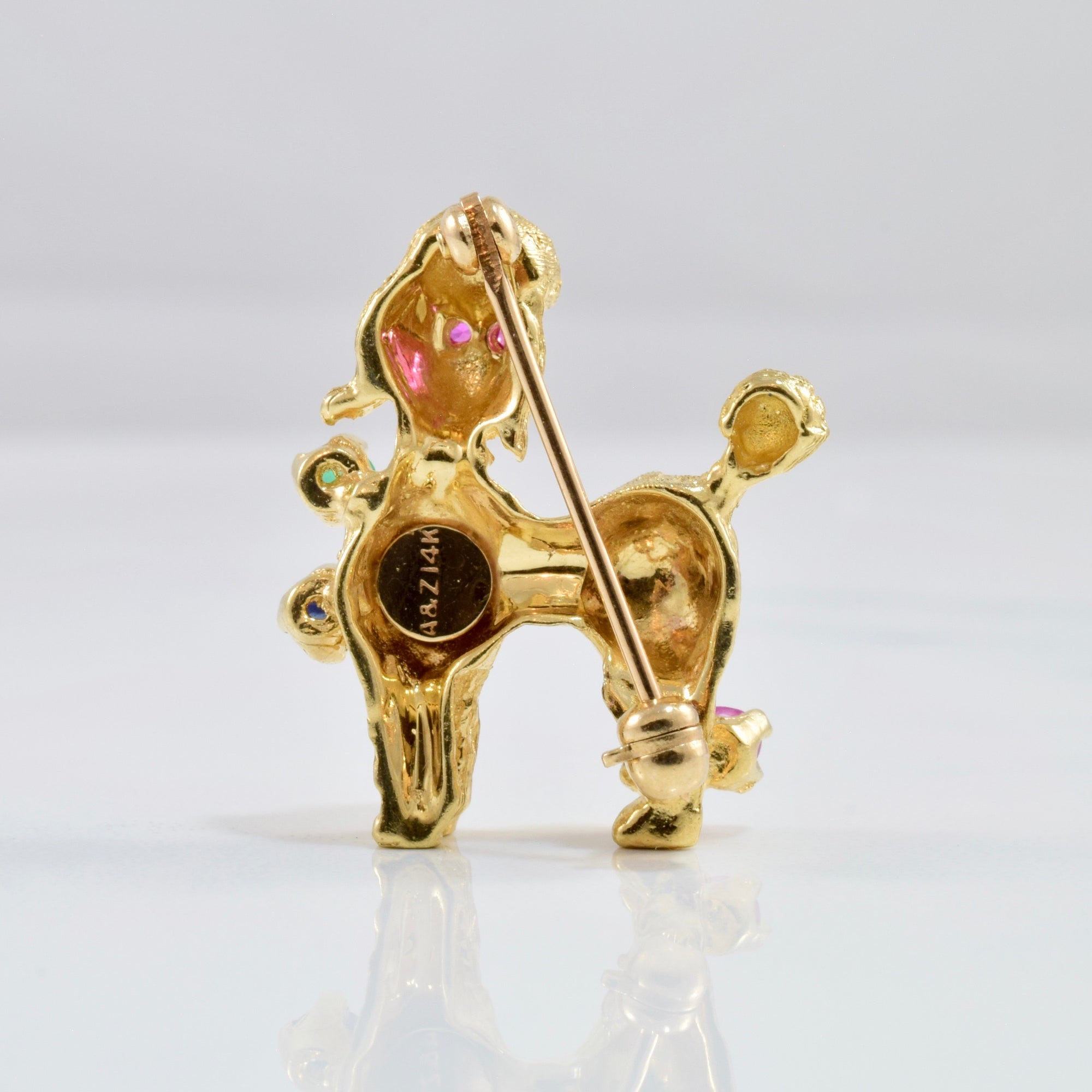 Gold Poodle Brooch with Coloured Stones