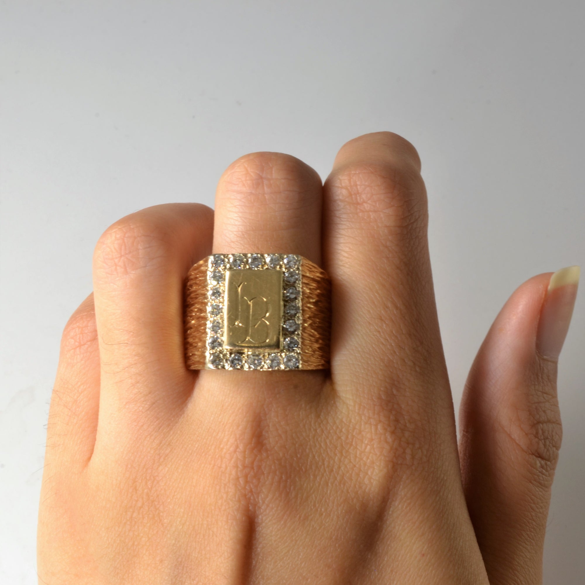 Diamond Brushed Texture Heavy Gold Signet Ring | 0.80ctw | SZ 12.75 |