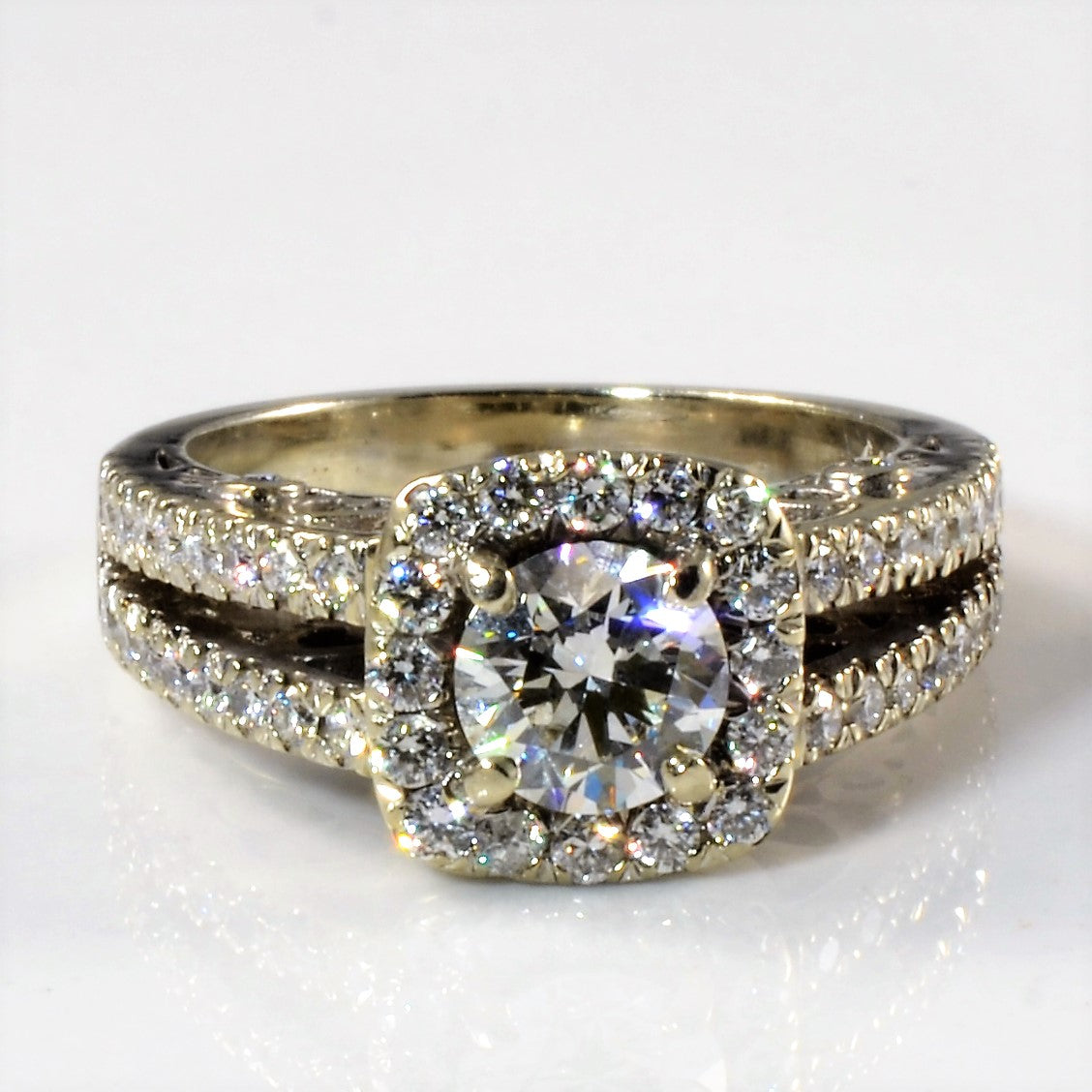 Pave Diamond Split Shank Halo Engagement Ring | 1.37ctw | SZ 5 |