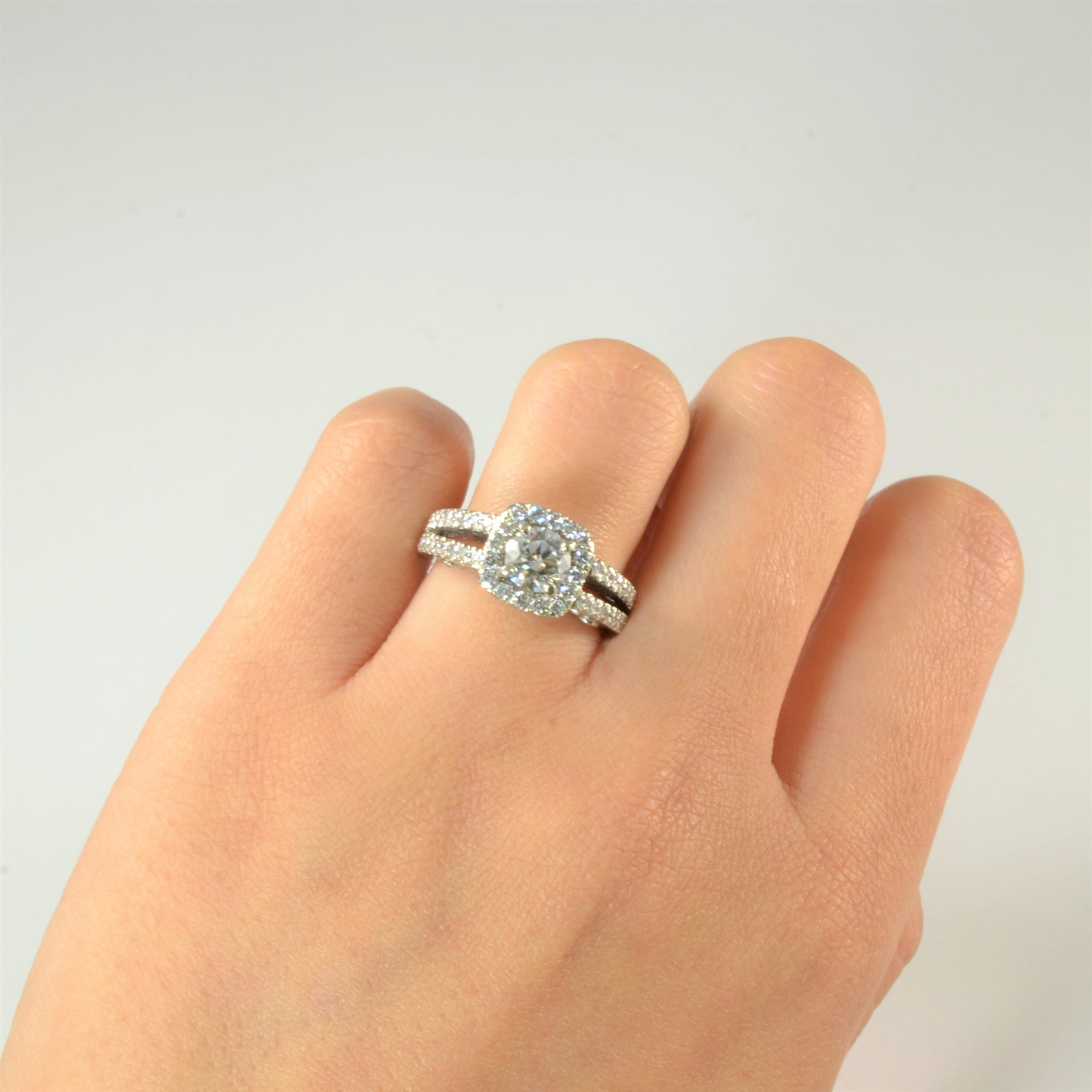 Pave Diamond Split Shank Halo Engagement Ring | 1.37ctw | SZ 5 |