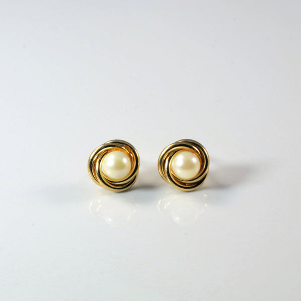 Gold Halo Twist Pearl Stud Earrings |