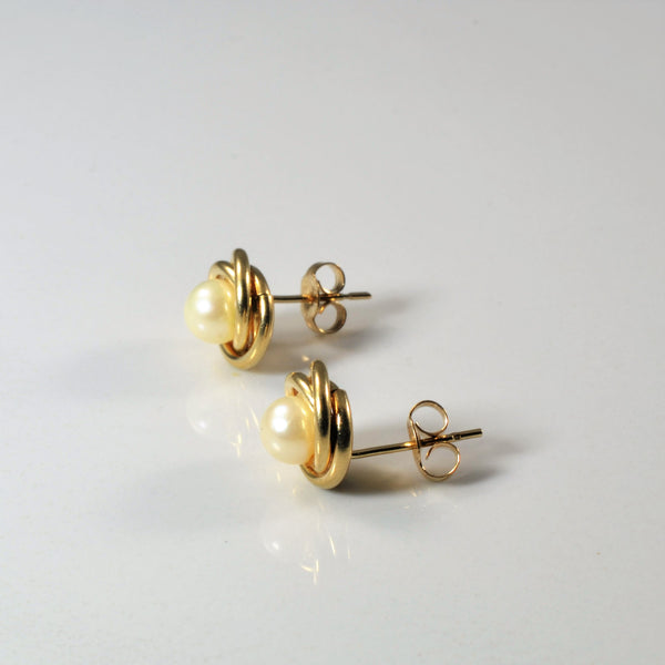 Gold Halo Twist Pearl Stud Earrings |