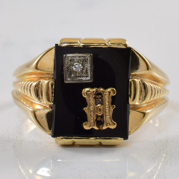 Onyx & Diamond Initial 'H' Signet Ring | 3.00ct, 0.01ctw | SZ 10.25 |