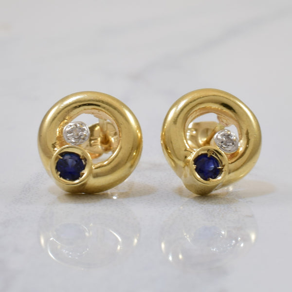 Blue Sapphire & Diamond Circle Stud Earrings | 0.10ctw, 0.01ctw |