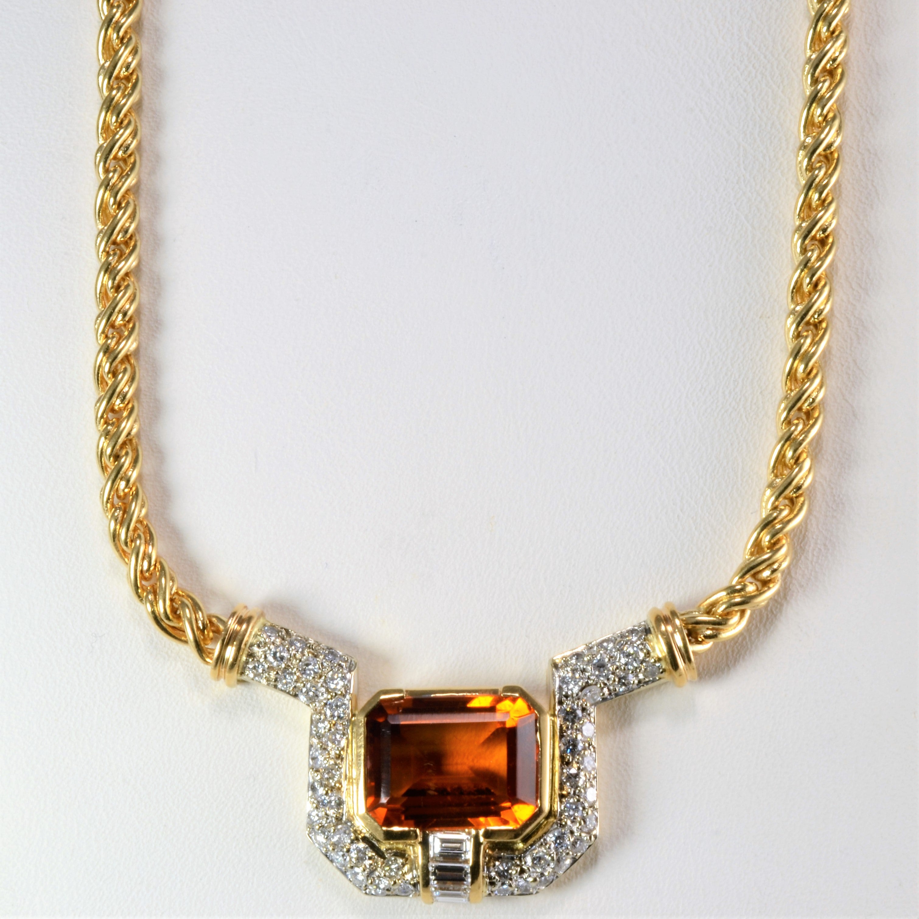 Beautiful Bezel Citrine & Multi Diamond Rope Chain Neckalce | 0.86 ctw, 16''|