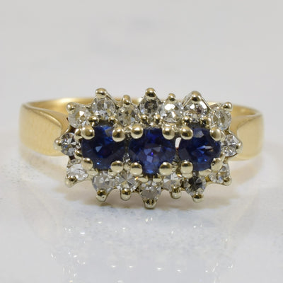 Three Stone Sapphire & Diamond Halo Ring | 0.38ctw, 0.17ctw | SZ 5.75 |