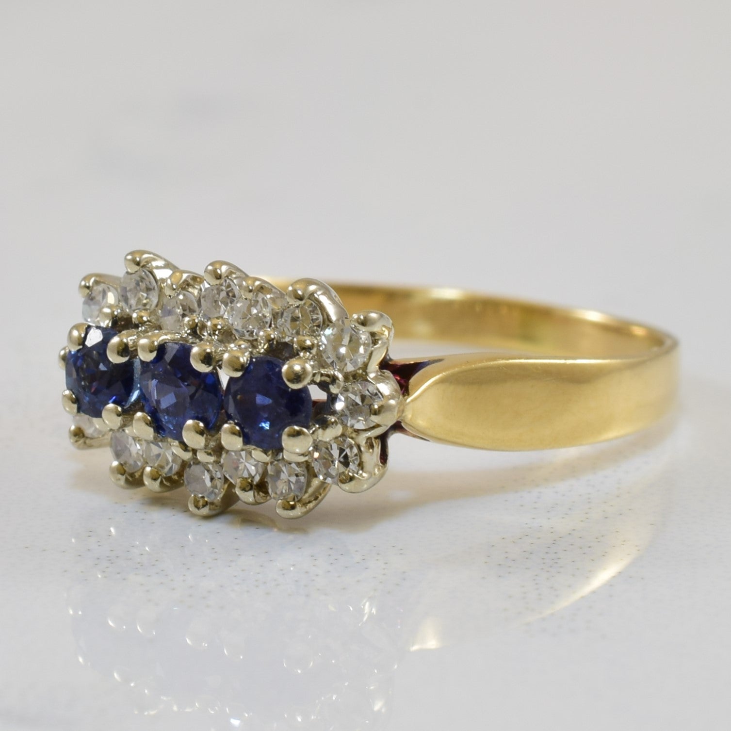 Three Stone Sapphire & Diamond Halo Ring | 0.38ctw, 0.17ctw | SZ 5.75 |