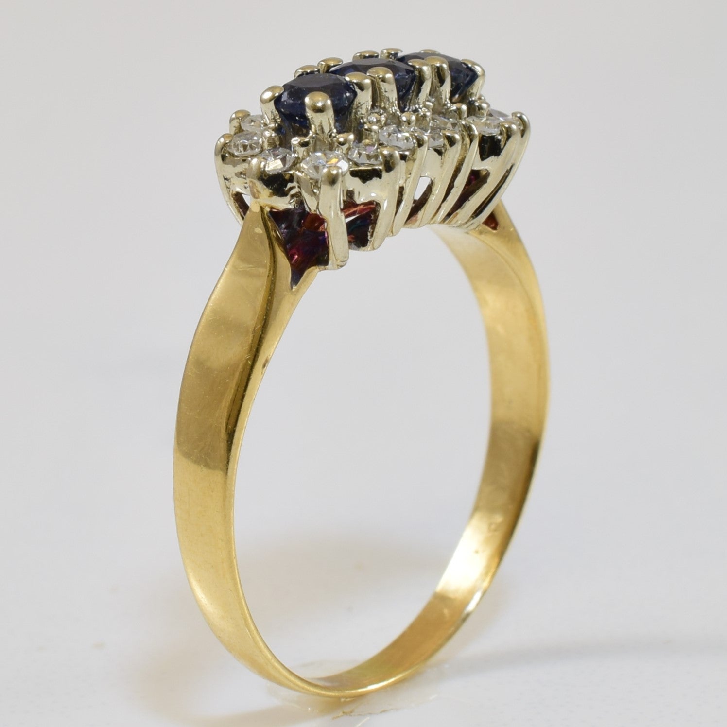 Three Stone Sapphire & Diamond Halo Ring | 0.38ctw, 0.17ctw | SZ 5.75 |