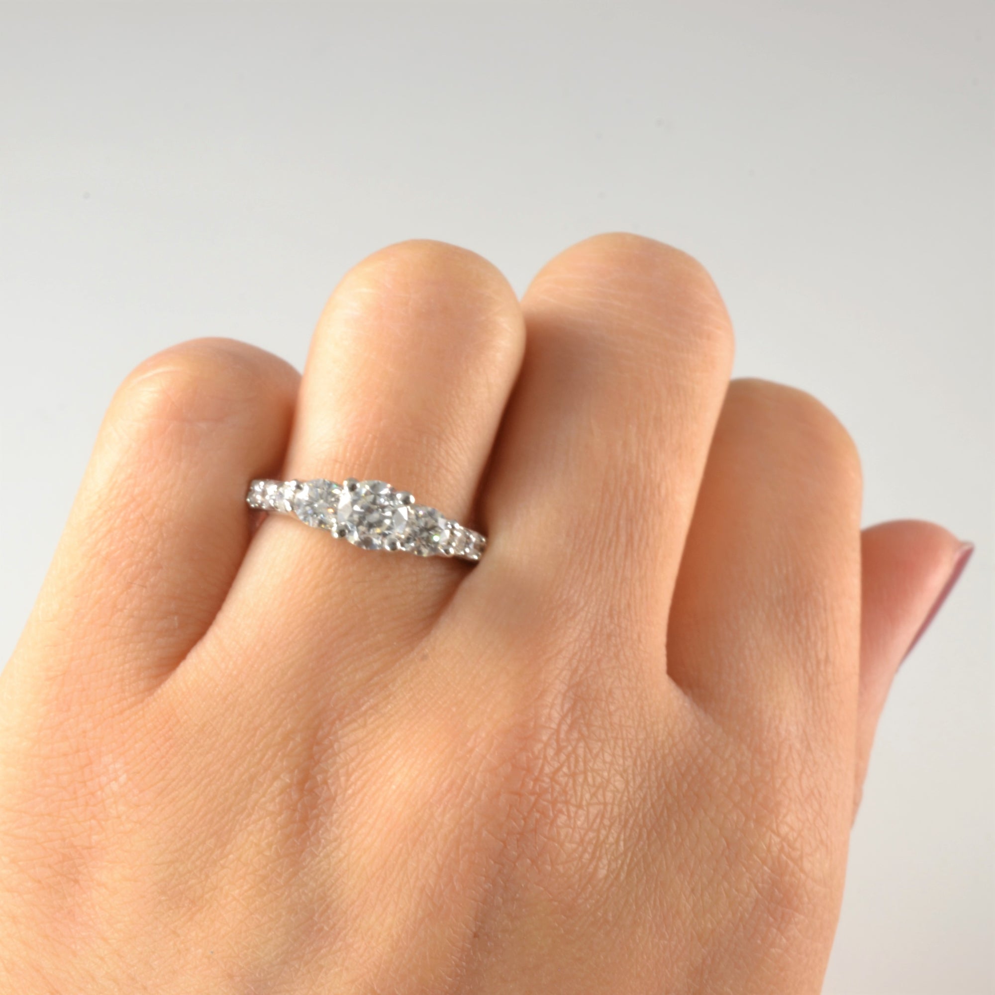Diamond Detailed Three Stone Engagement Ring | 1.21ctw | SZ 4.5 |