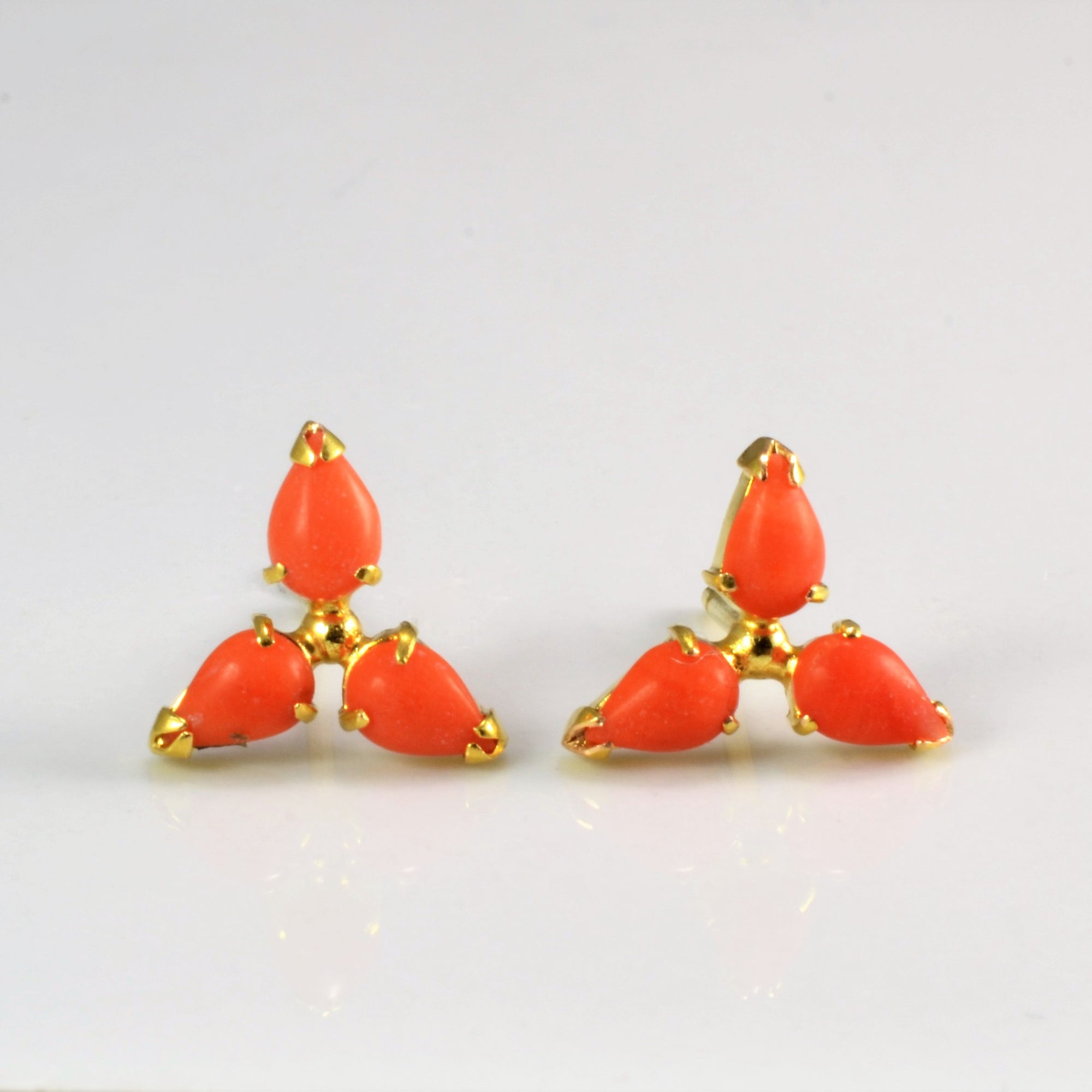 Three Stone Coral Stud Earrings