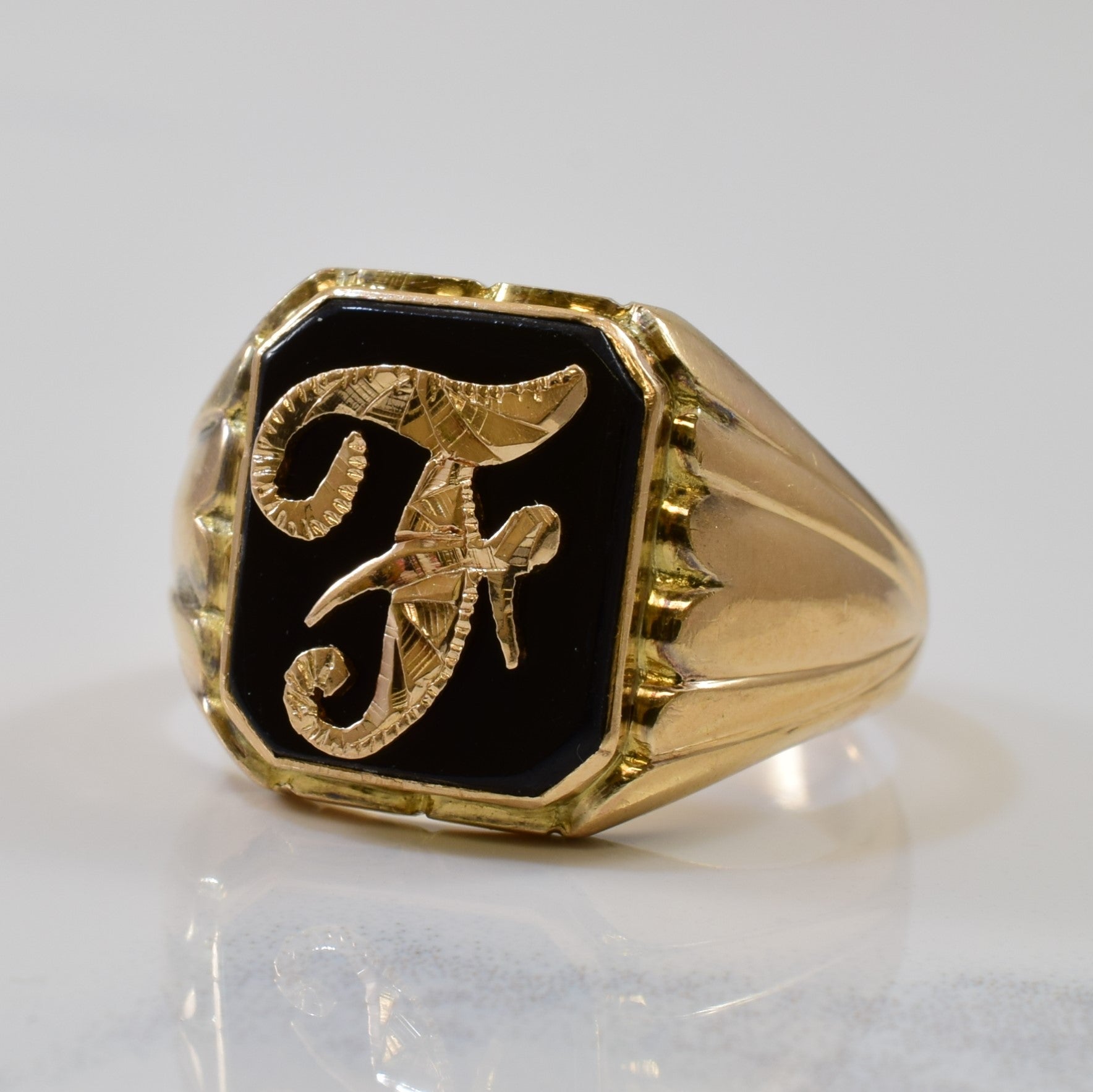 Mid Century Initial 'F' Onyx Signet Ring | 1.70ct | SZ 8.5 |