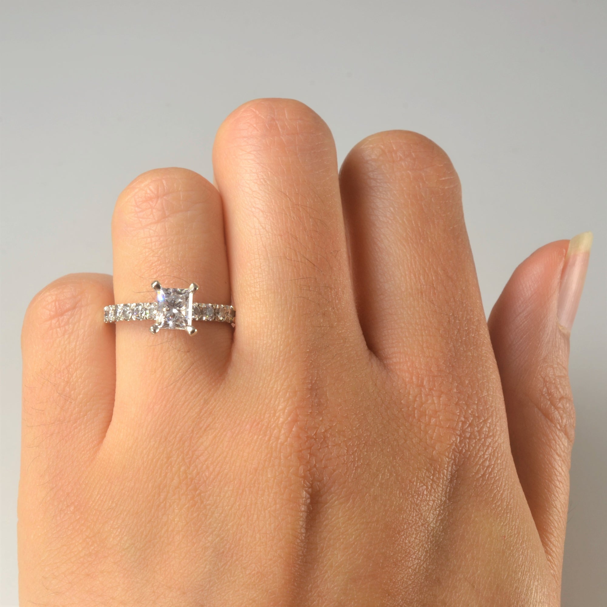 Pave Band Princess Diamond Engagement Ring | 1.36ctw | SZ 5.5 |