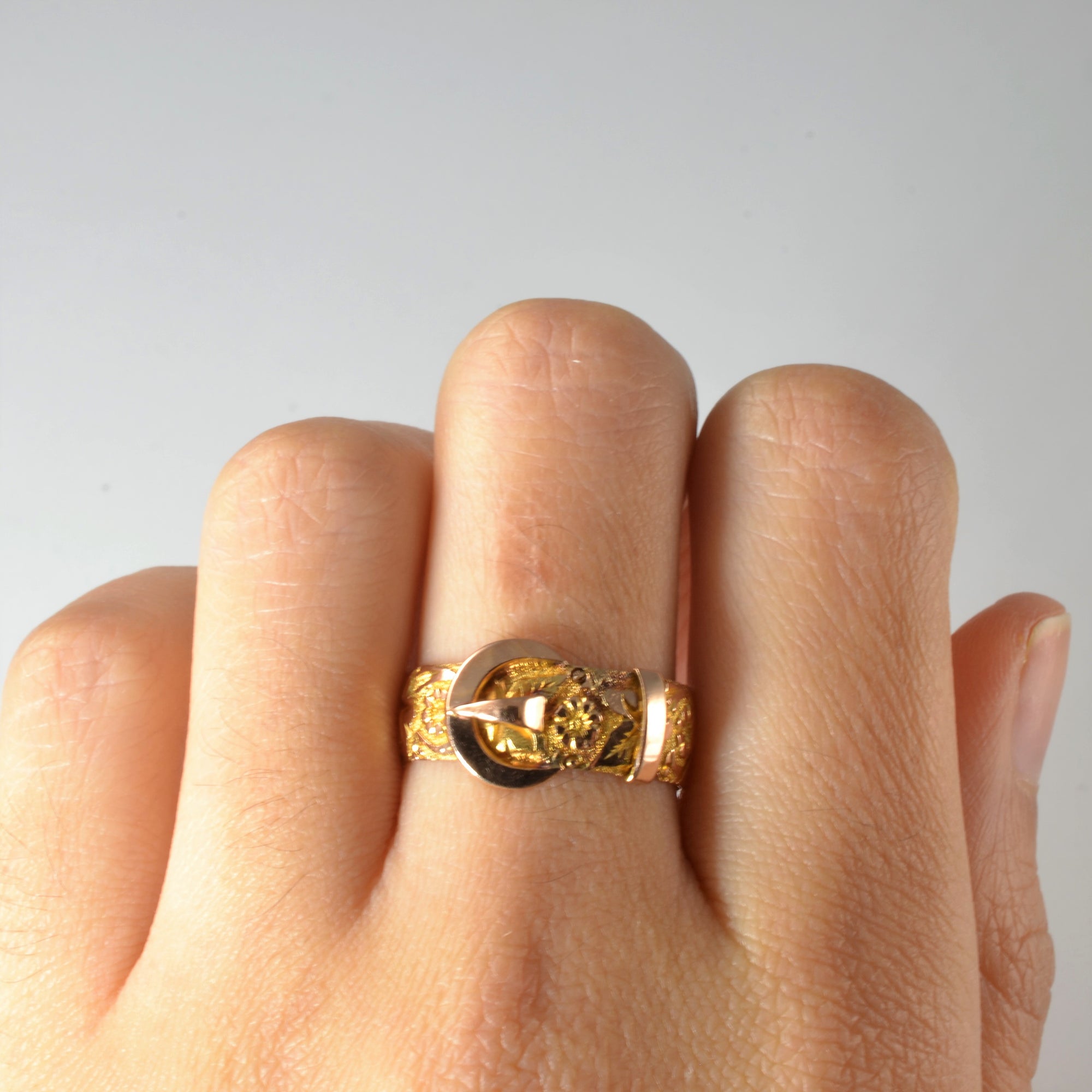Belt buckle ring on hand, vintage rings for sale, vintage gold rings